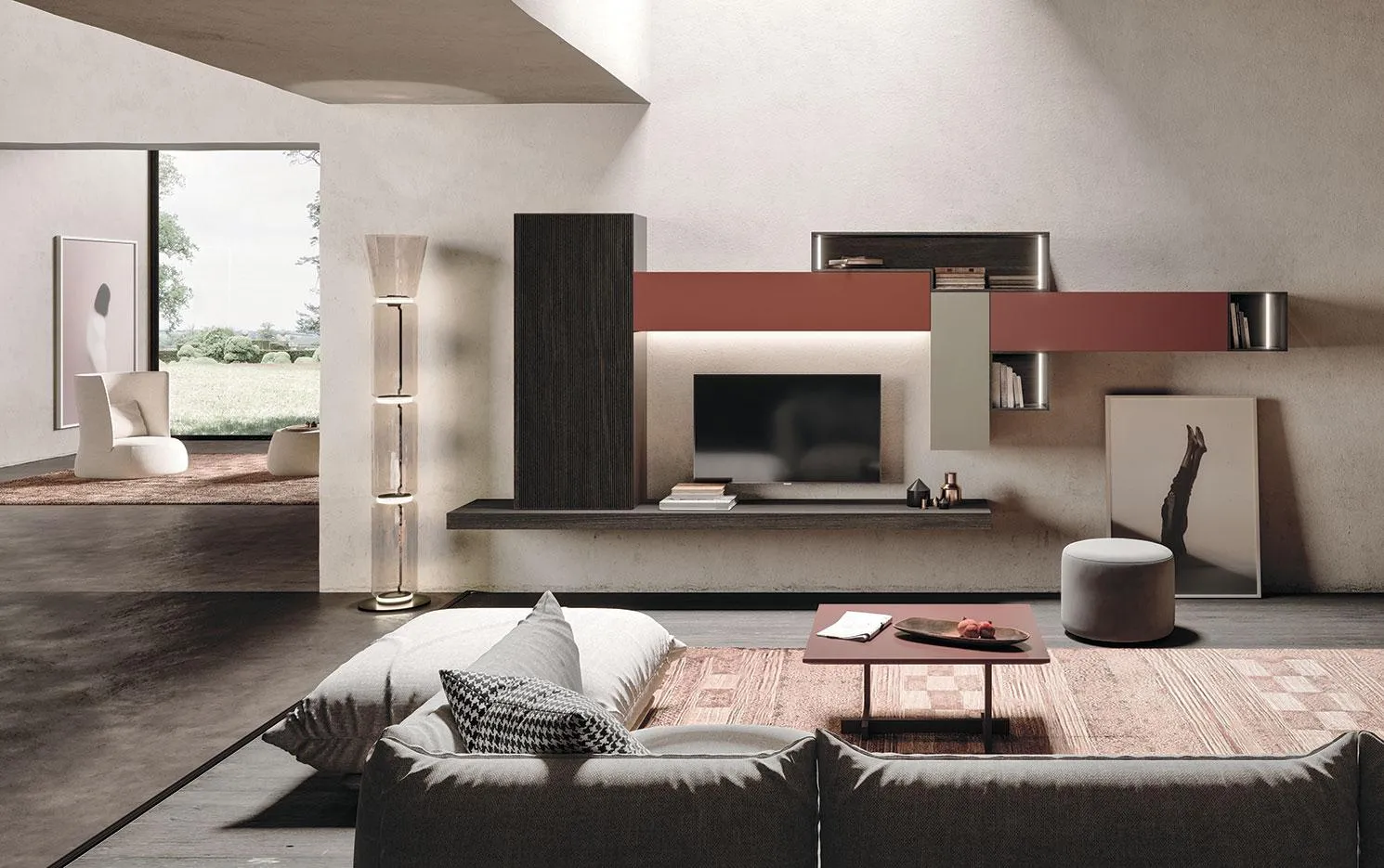 Soggiorno con composizione Horizon 926 MobilGam con pensili rossi e colonna scura
