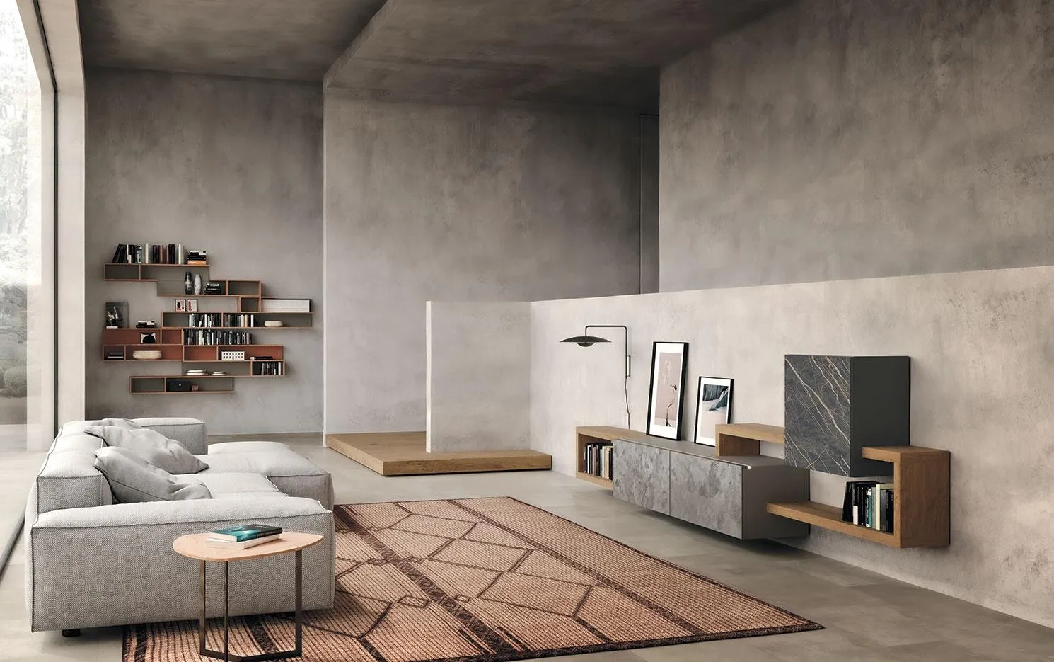 Soggiorno con composizione Horizon 928 MobilGam con mensole in legno incrociate