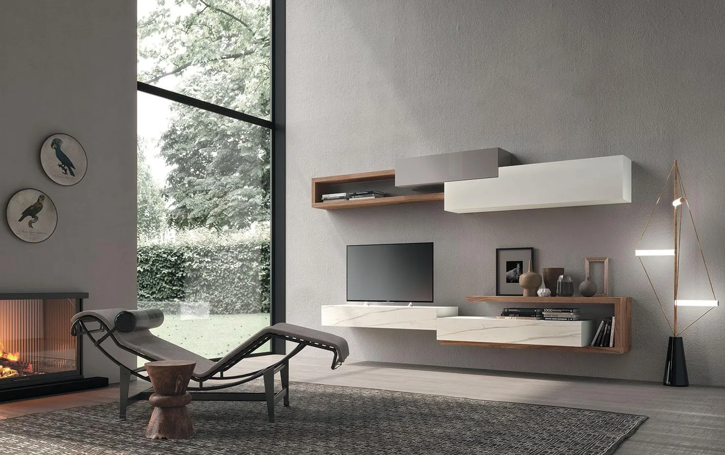 Soggiorno con composizione Horizon 929 MobilGam con top effetto marmo e pensili bianchi