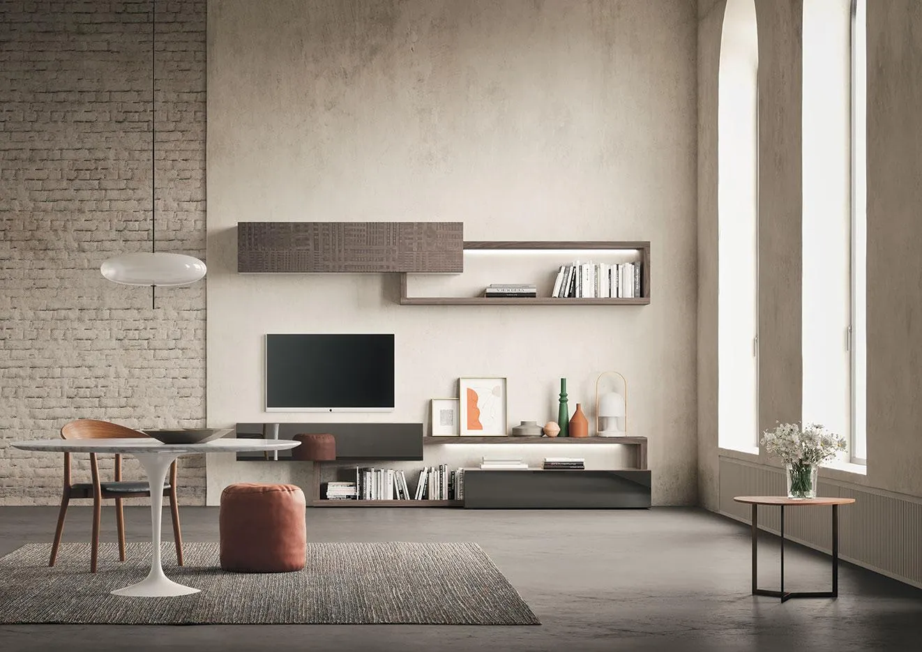 Soggiorno con composizione Horizon 934 MobilGam con pensile a doghe e base antracite