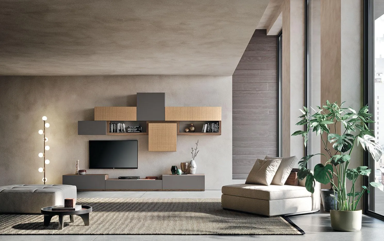 Soggiorno con composizione Horizon 935 MobilGam con pensili in legno lavorato