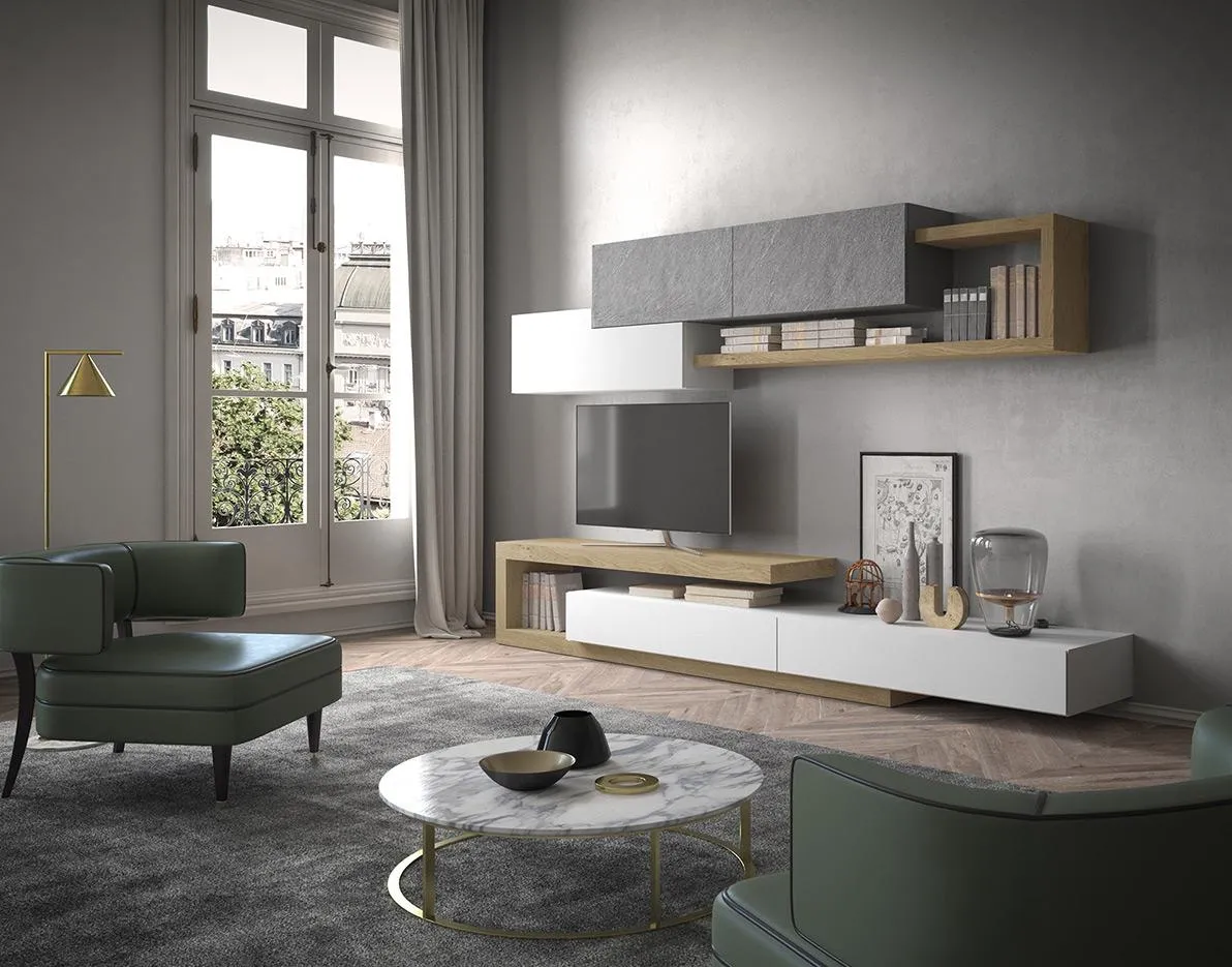 Soggiorno con composizione Horizon 936 MobilGam con pensili effetto pietra e mensoloni