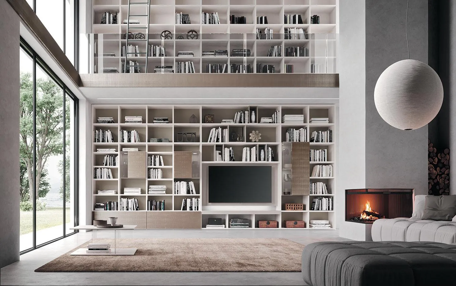 Libreria a parete Horizon 941 MobilGam con camino inserito e anta in legno