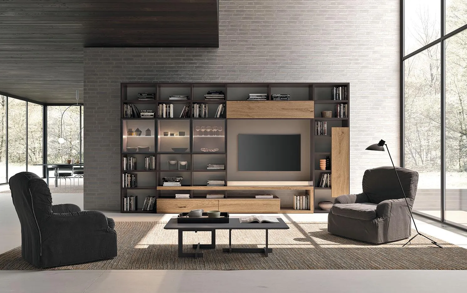 Libreria a parete Horizon 946 MobilGam con fianchi inclinati in legno
