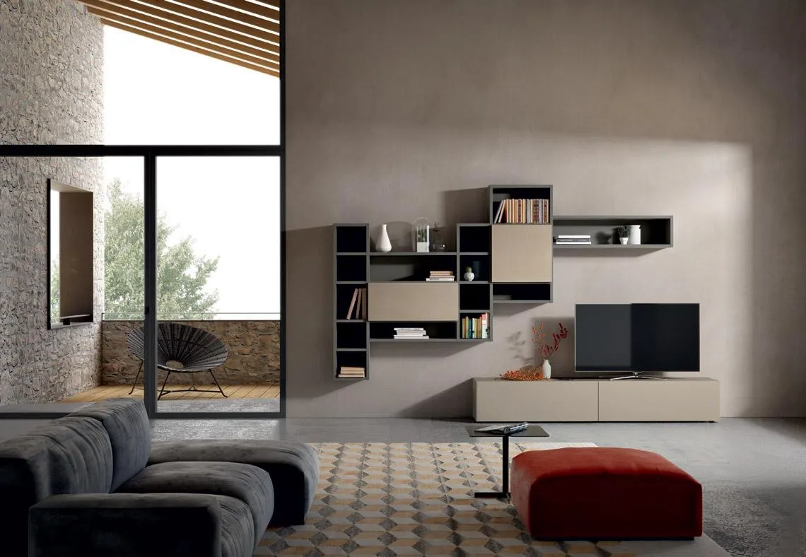 Libreria a parete Horizon 867 MobilGam con moduli scuri e sabbia sospesi