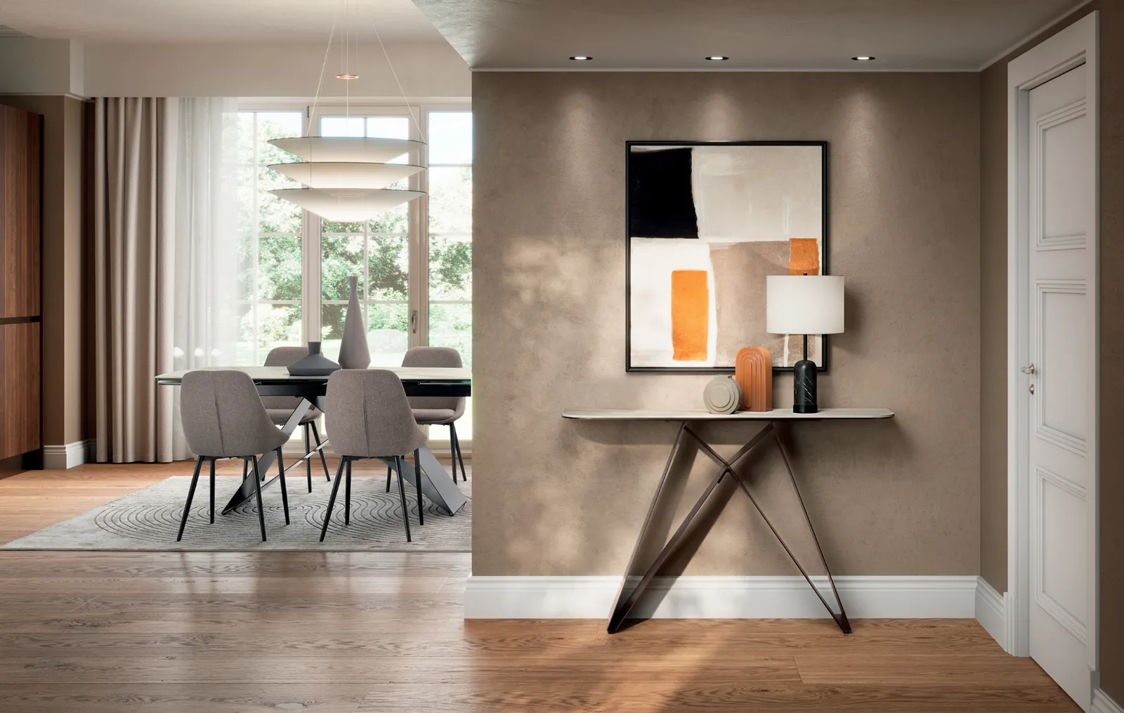 Consolle Thalia Stones Calacatta oro con struttura bronzo in un corridoio che dà sulla sala da pranzo