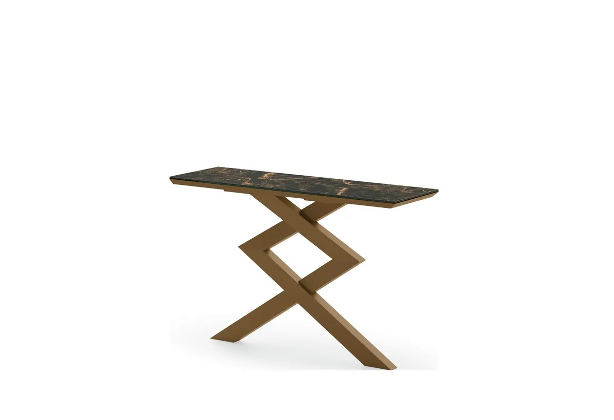 Consolle Cross Target Point bronzo con piano effetto marmo su fondo bianco