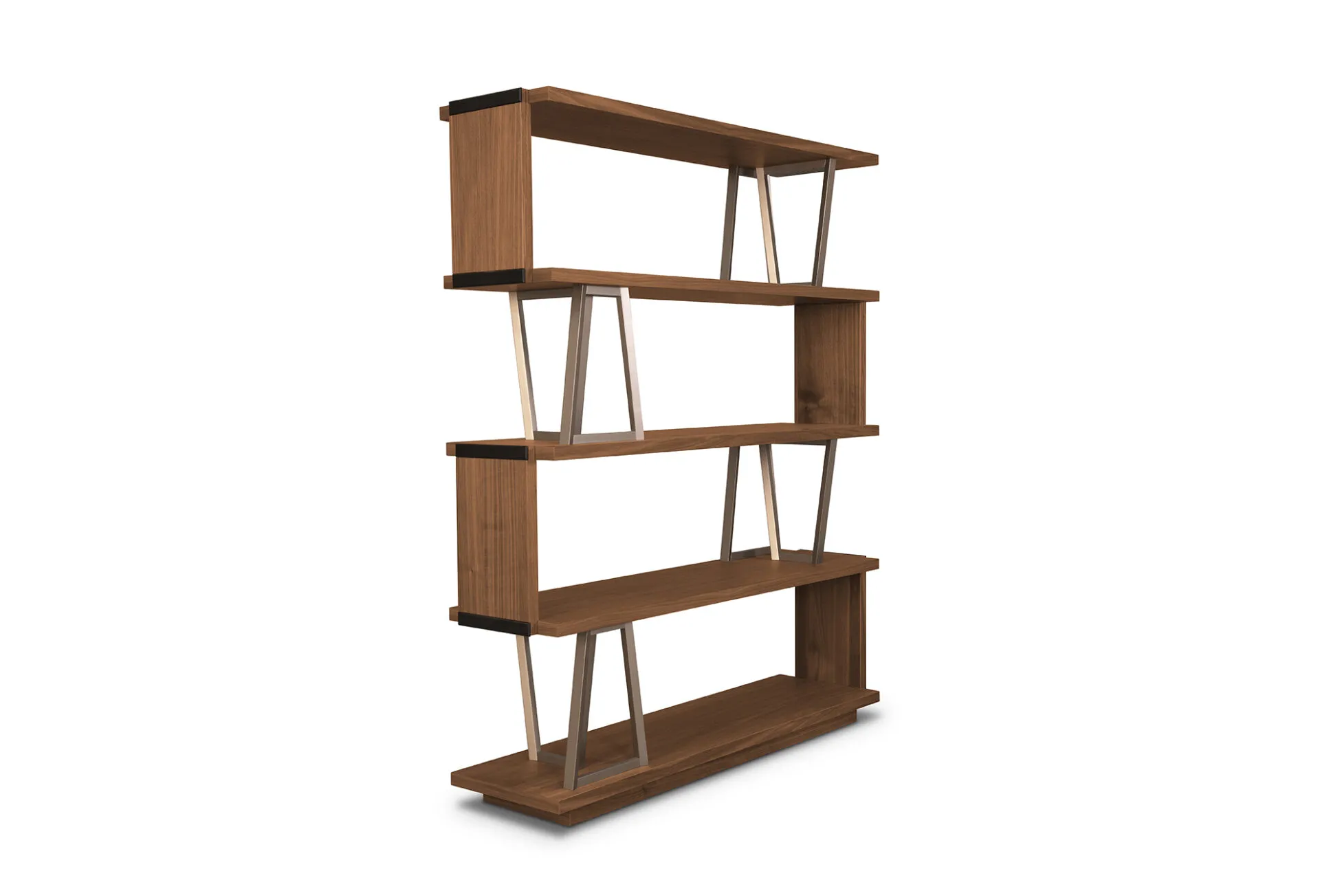 Libreria Tosato 24.32 in noce canaletto con sostegni in metallo bronzo, vista di tre quarti