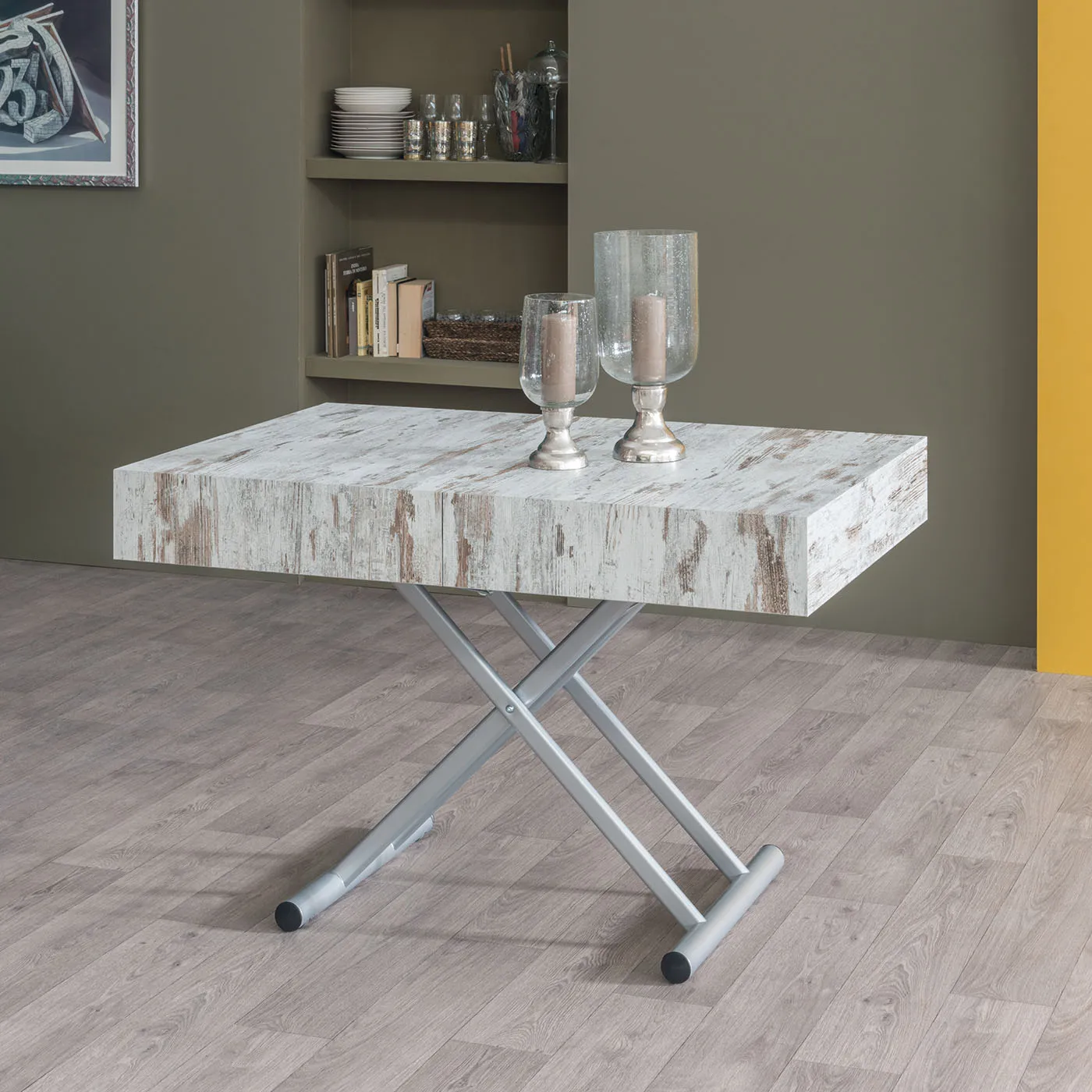 Tavolino trasformabile Cairo Tecnolegno alzato con piano effetto legno e basamento a forbice