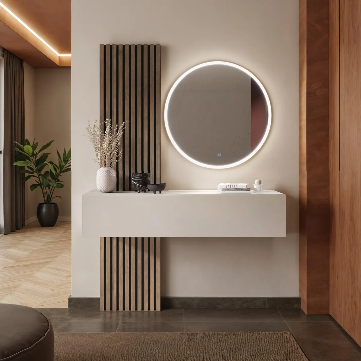 Mobile ingresso Kriss Tomasucci con pannelli dogati noce, specchio illuminato e pensile cashmere