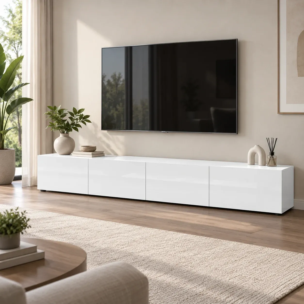 Mobile porta TV Pentu Tomasucci bianco lucido sotto il televisore a parete