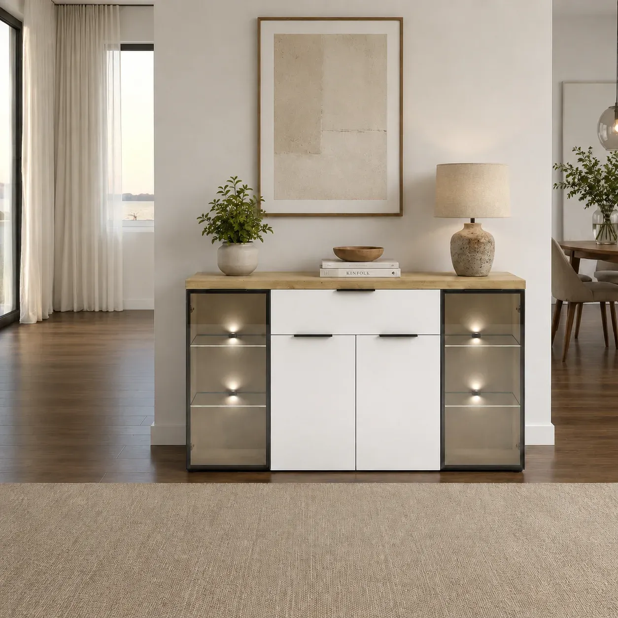 Madia Annency White Tomasucci con vetrine fumé illuminate e piano rovere