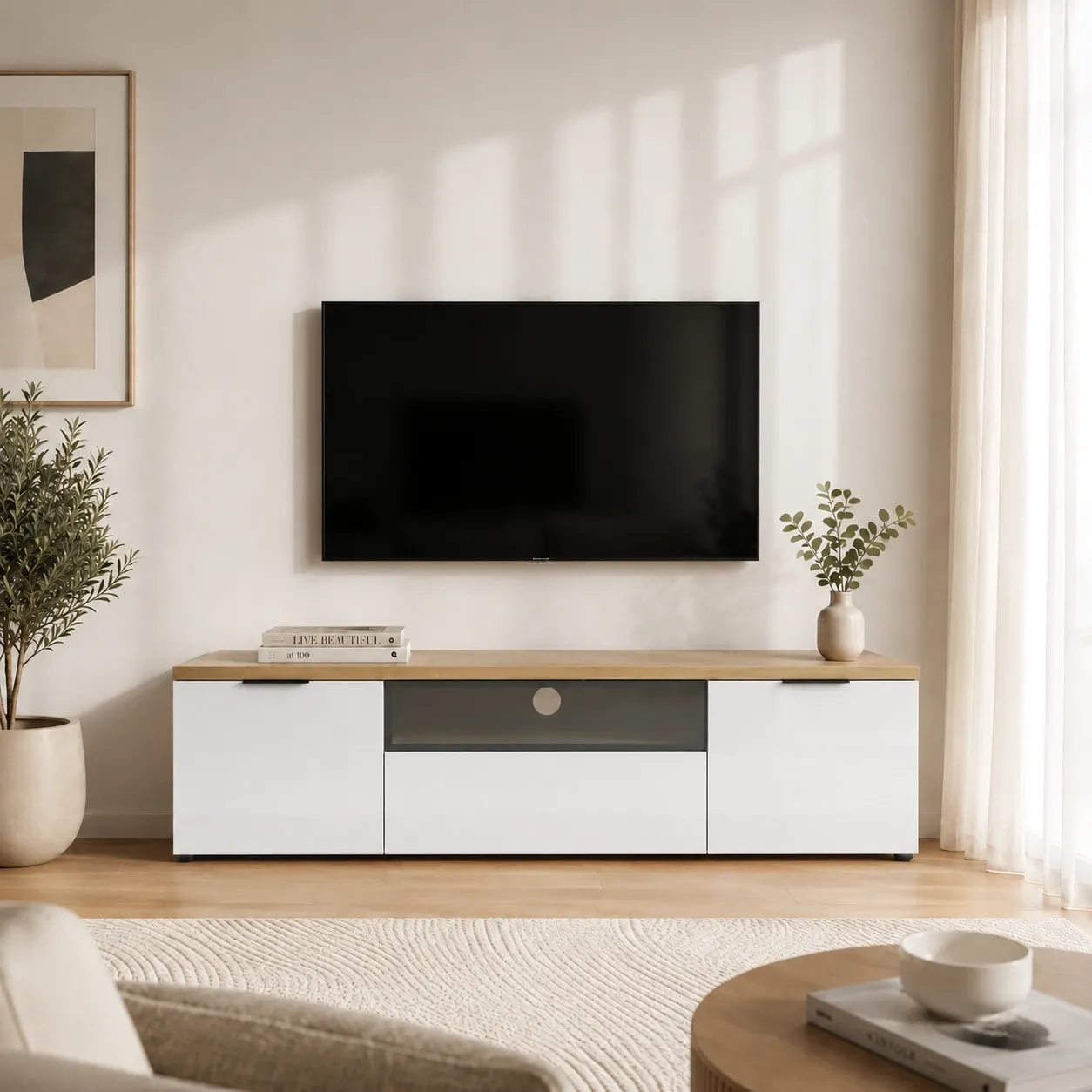 Porta TV Annency White Tomasucci con inserto in vetro fumé sotto il televisore