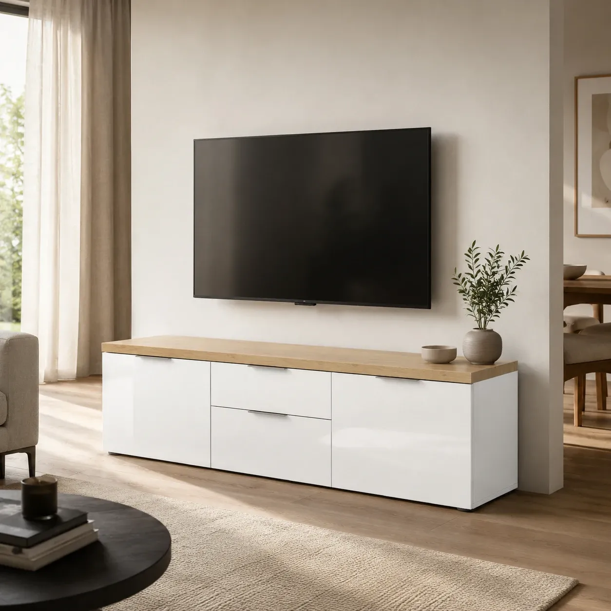 Porta TV Annency White Tomasucci da 180 cm a due cassetti in soggiorno