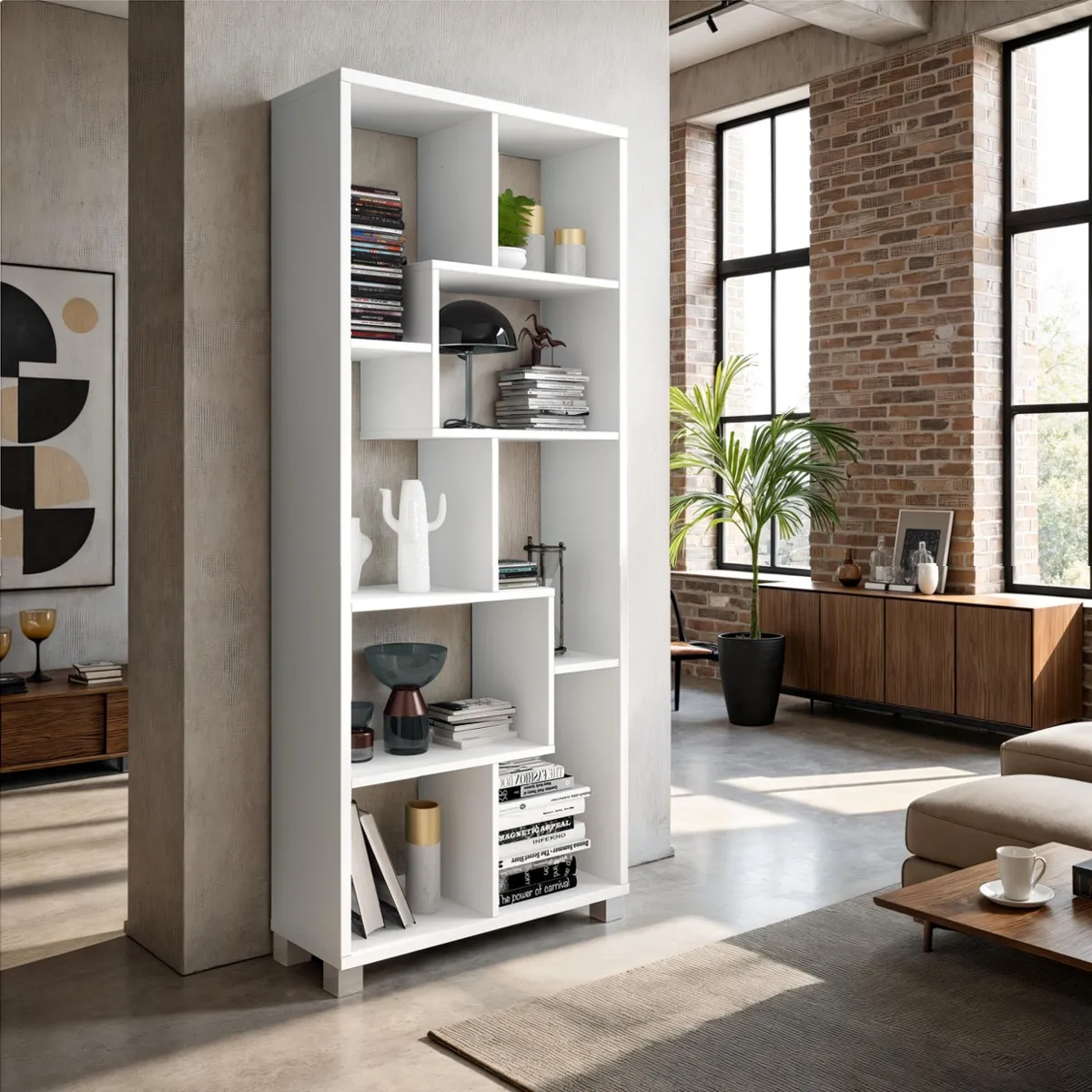 Libreria Random White Tomasucci in larice bianco montata in verticale in un loft