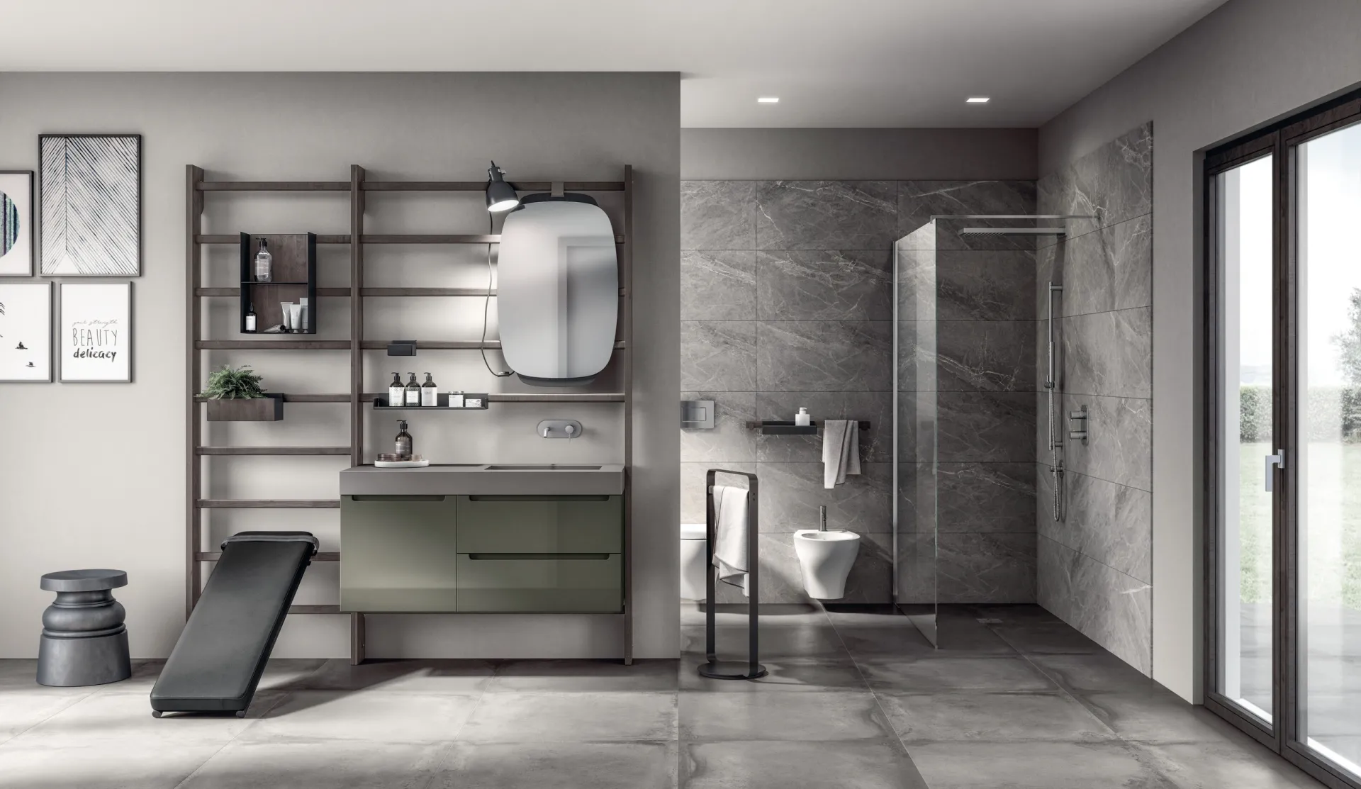 Bagno Gym Space Scavolini con spalliera scura, specchio sagomato, base Idro verde e panca a terra