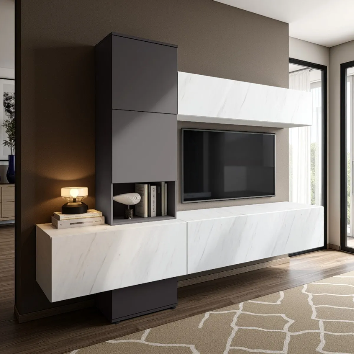 Parete attrezzata Melany White Marble Tomasucci grigio e marmo bianco