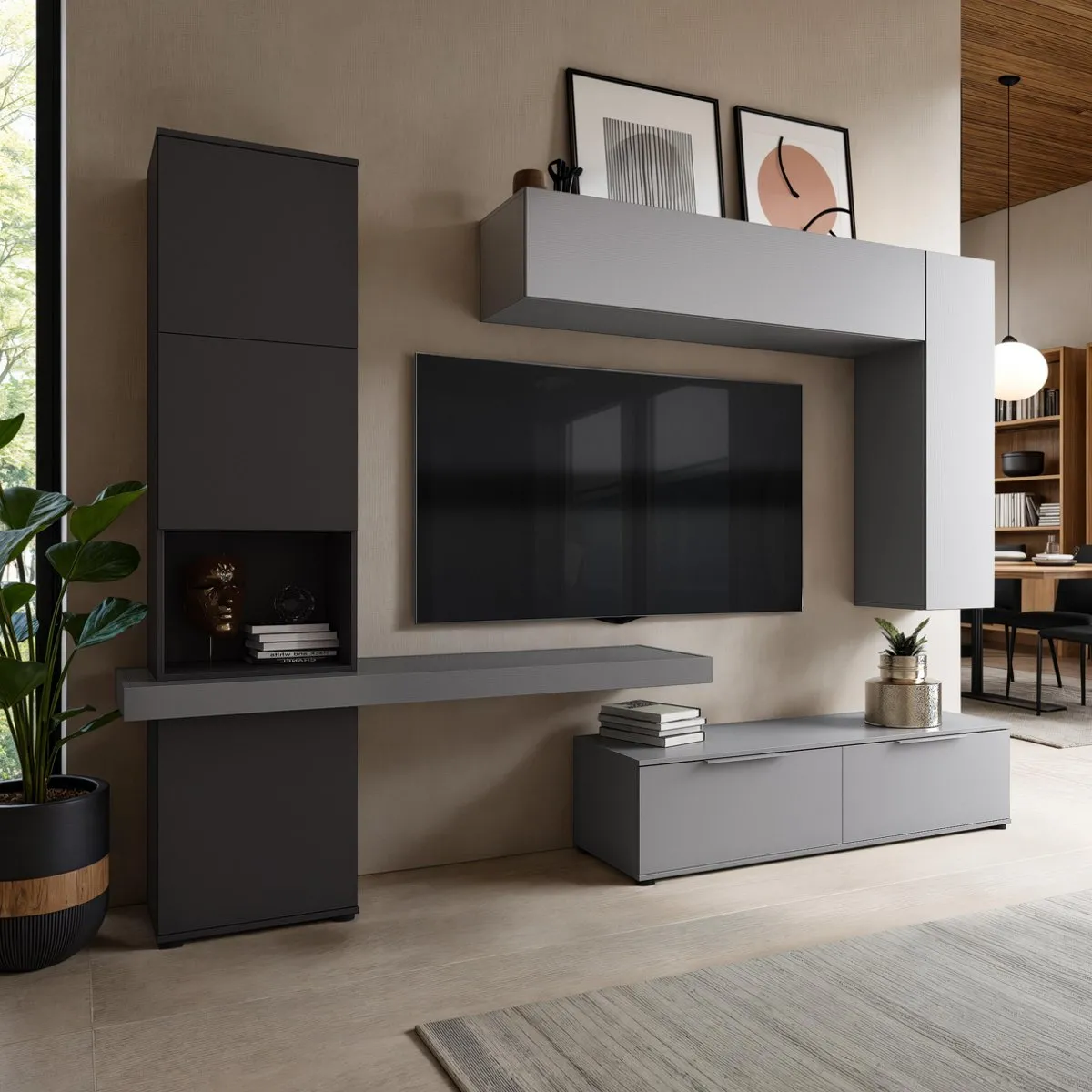 Parete attrezzata Axandra Graphite Tomasucci con colonna e pensili grigi