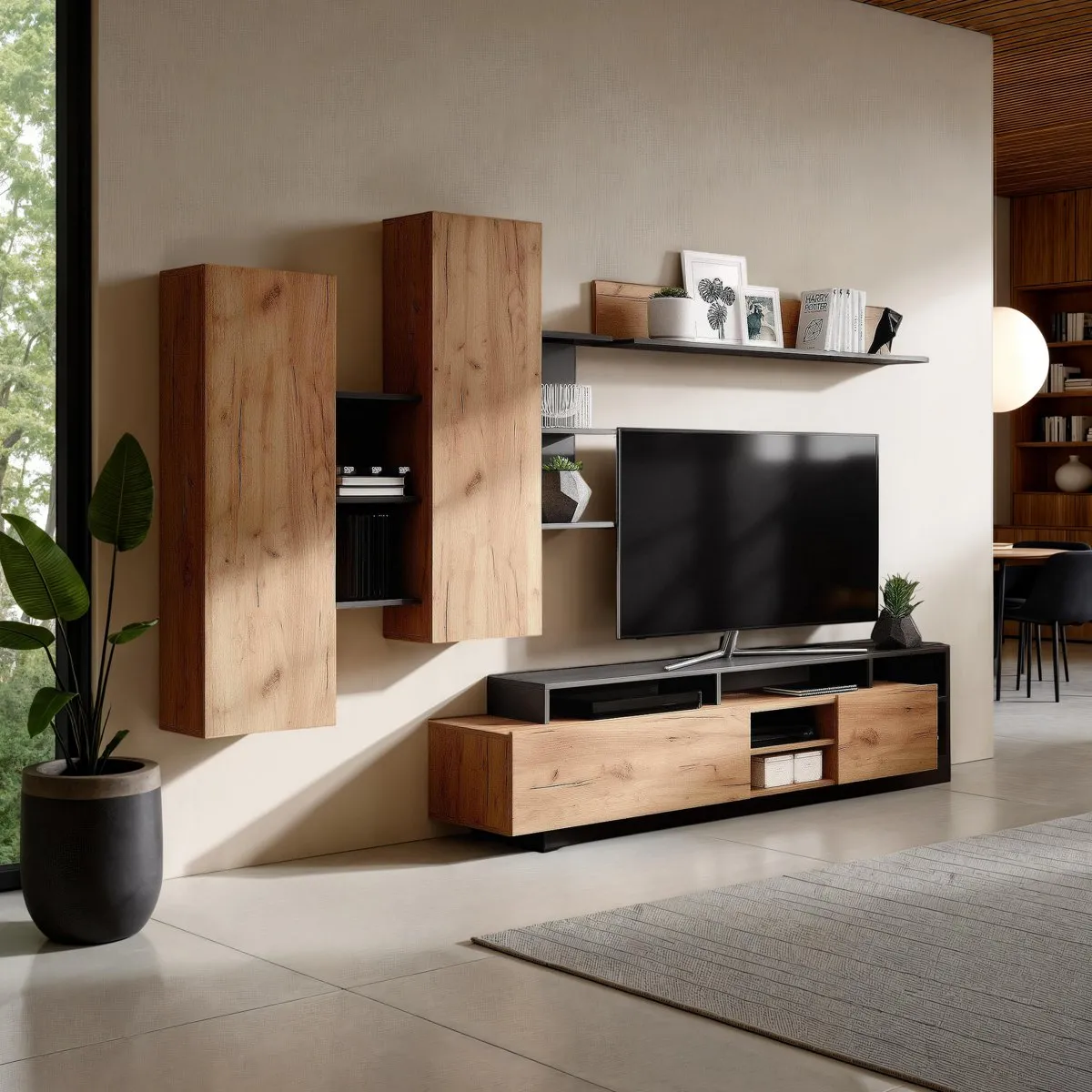 Parete attrezzata Kely Anthracite Tomasucci rovere dorato con televisore