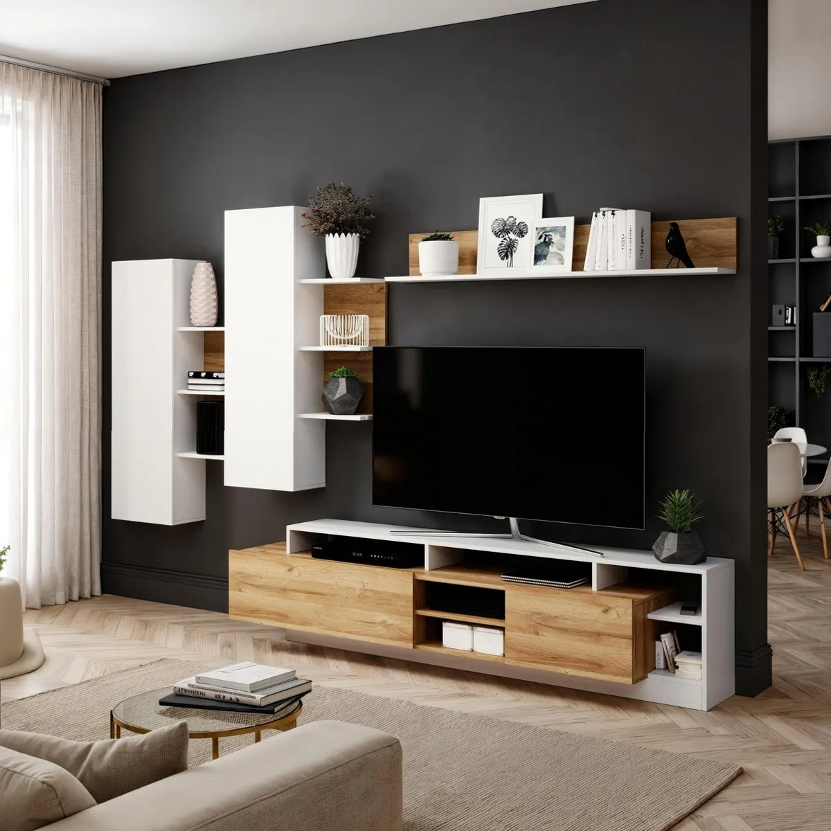 Parete attrezzata Kely White Tomasucci rovere crudo e bianco