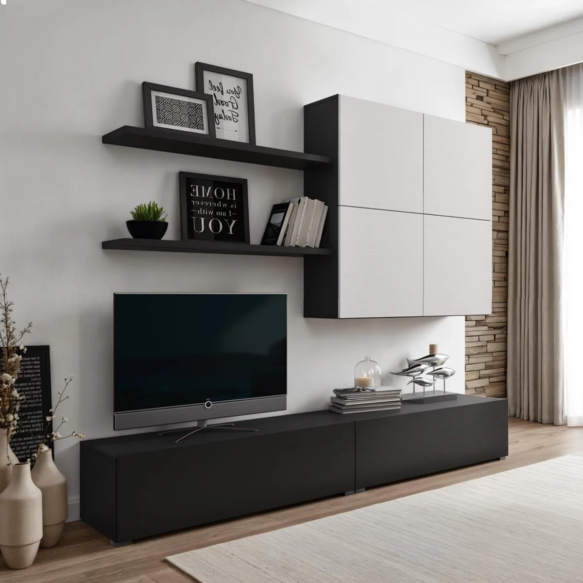 Parete attrezzata Tonya Graphite Larice Tomasucci con basi scure