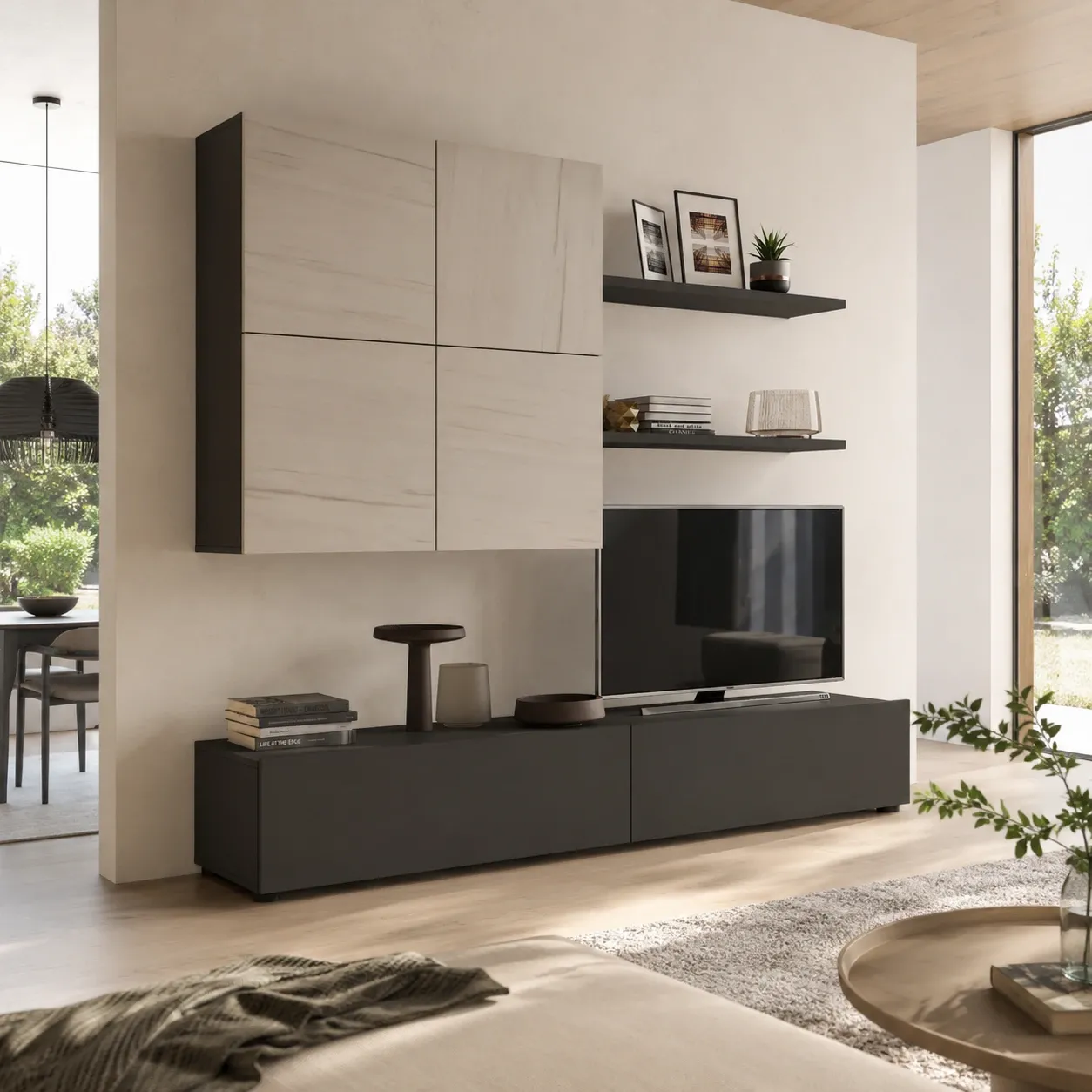 Parete attrezzata Tonya Tomasucci grigio graphite con ante effetto marmo