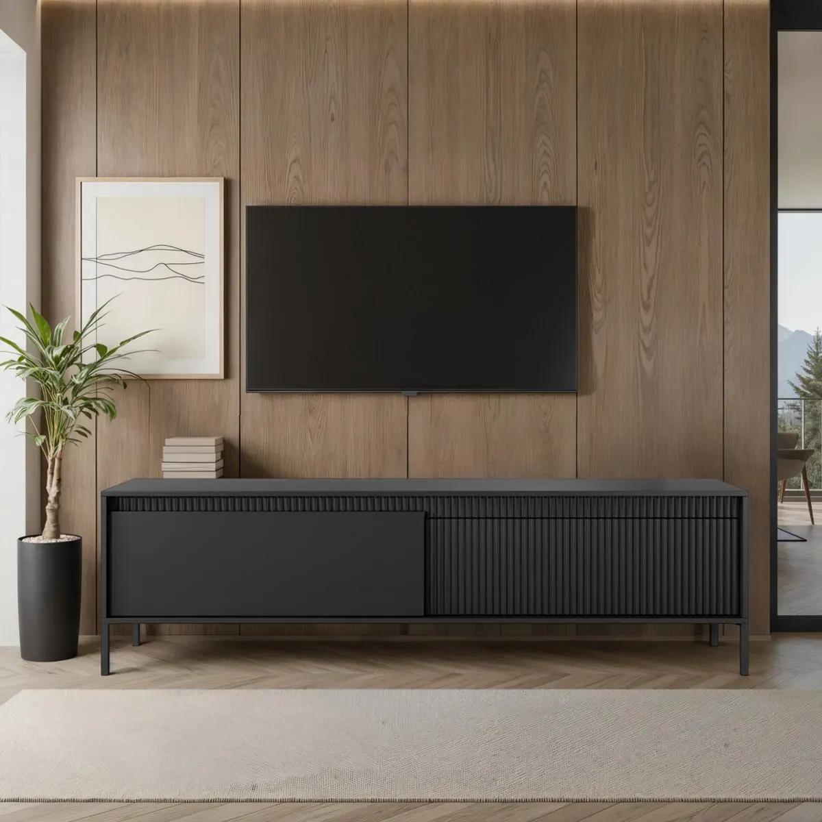 Porta TV Gharbo Black Tomasucci nero dogato sotto il televisore su parete in legno