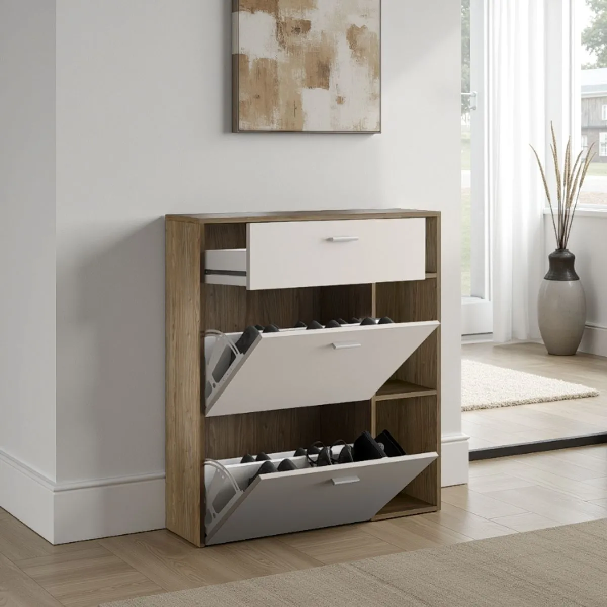 Scarpiera Niki Evo Wood Tomasucci noce e cashmere con ribalte aperte