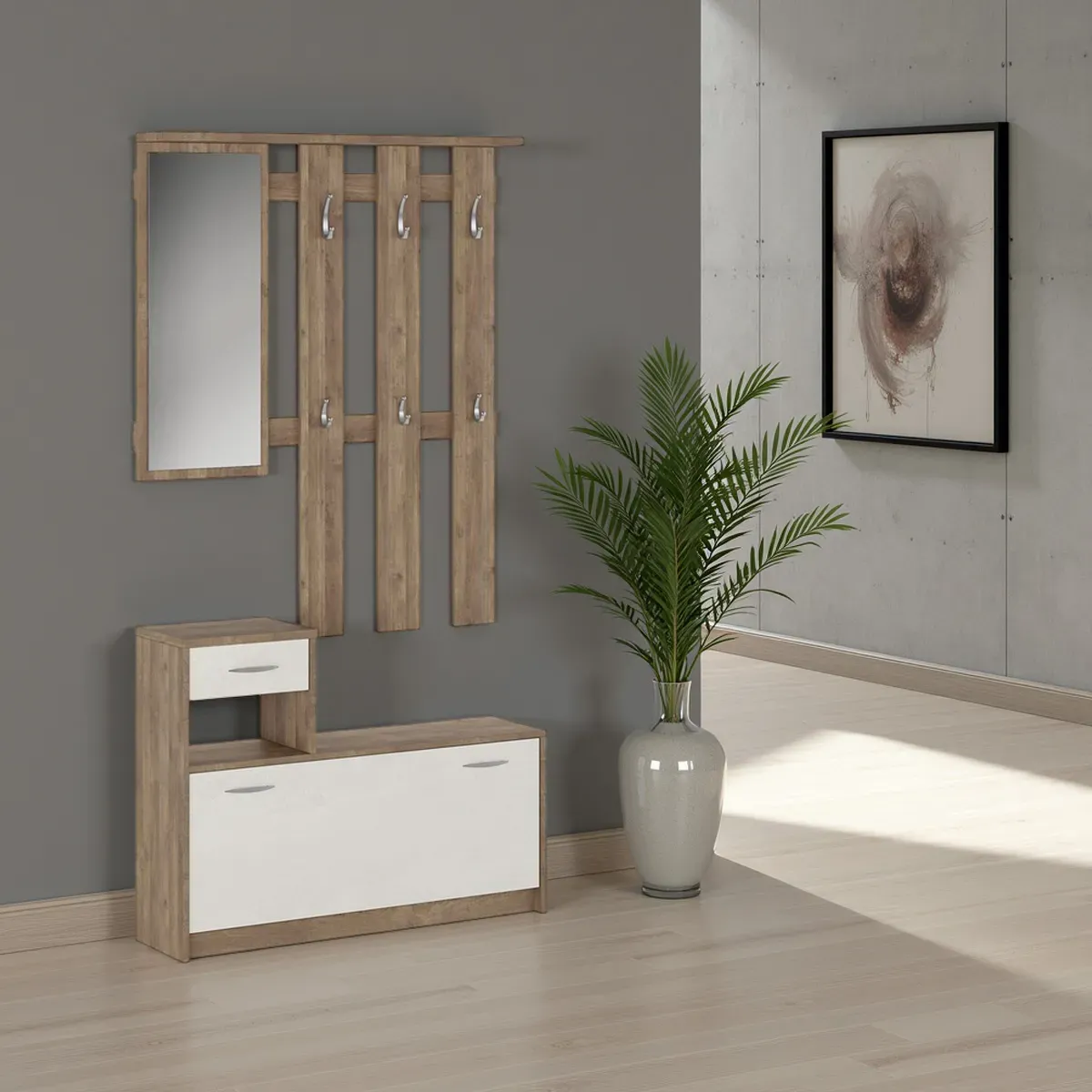 Ingresso Ken Wood Tomasucci rovere e bianco su parete grigia