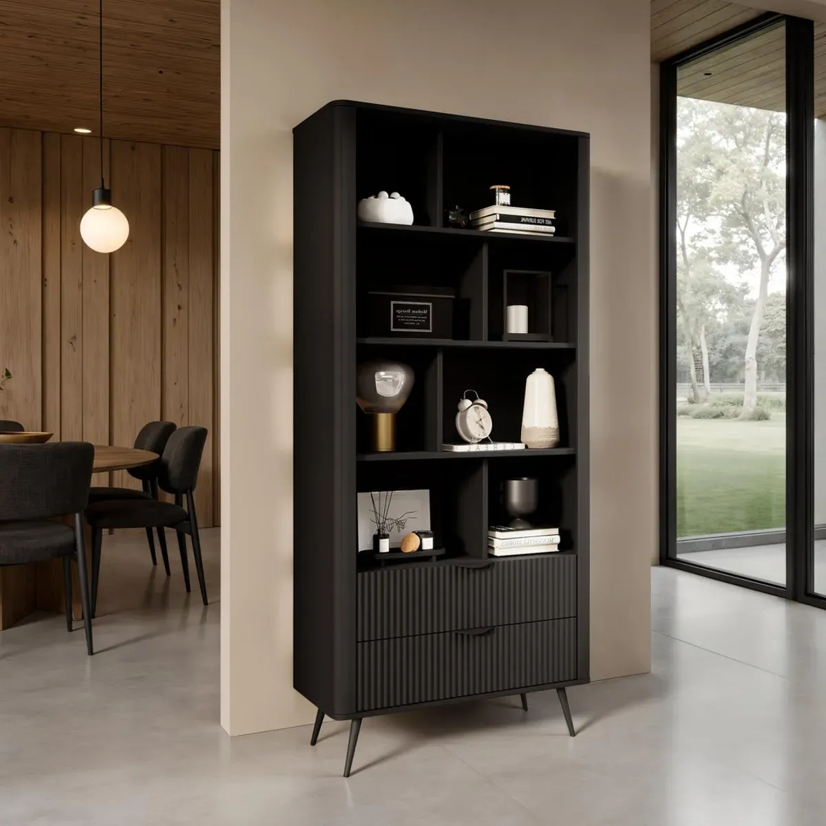 Libreria Gretha Black Tomasucci nera con due cassetti in sala da pranzo