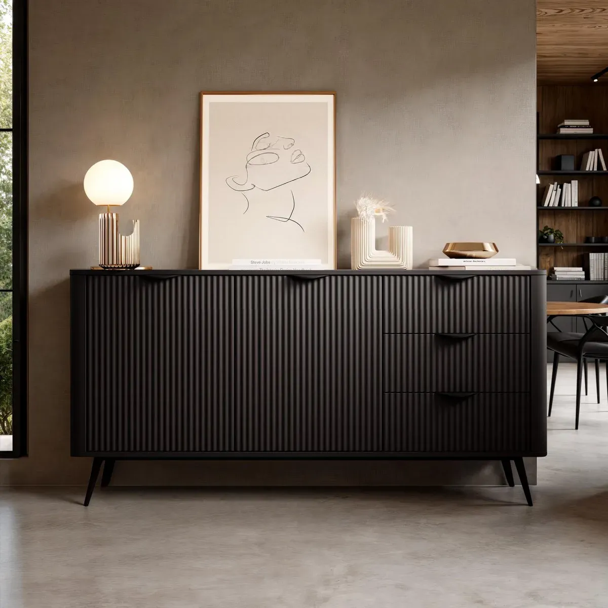 Madia Gretha Black Tomasucci con frontali a doghe e tre cassetti