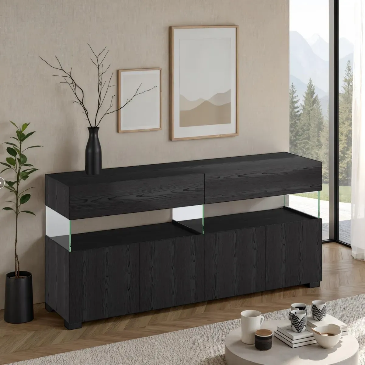 Madia Float Black Wood Tomasucci rovere nero con vetro strutturale