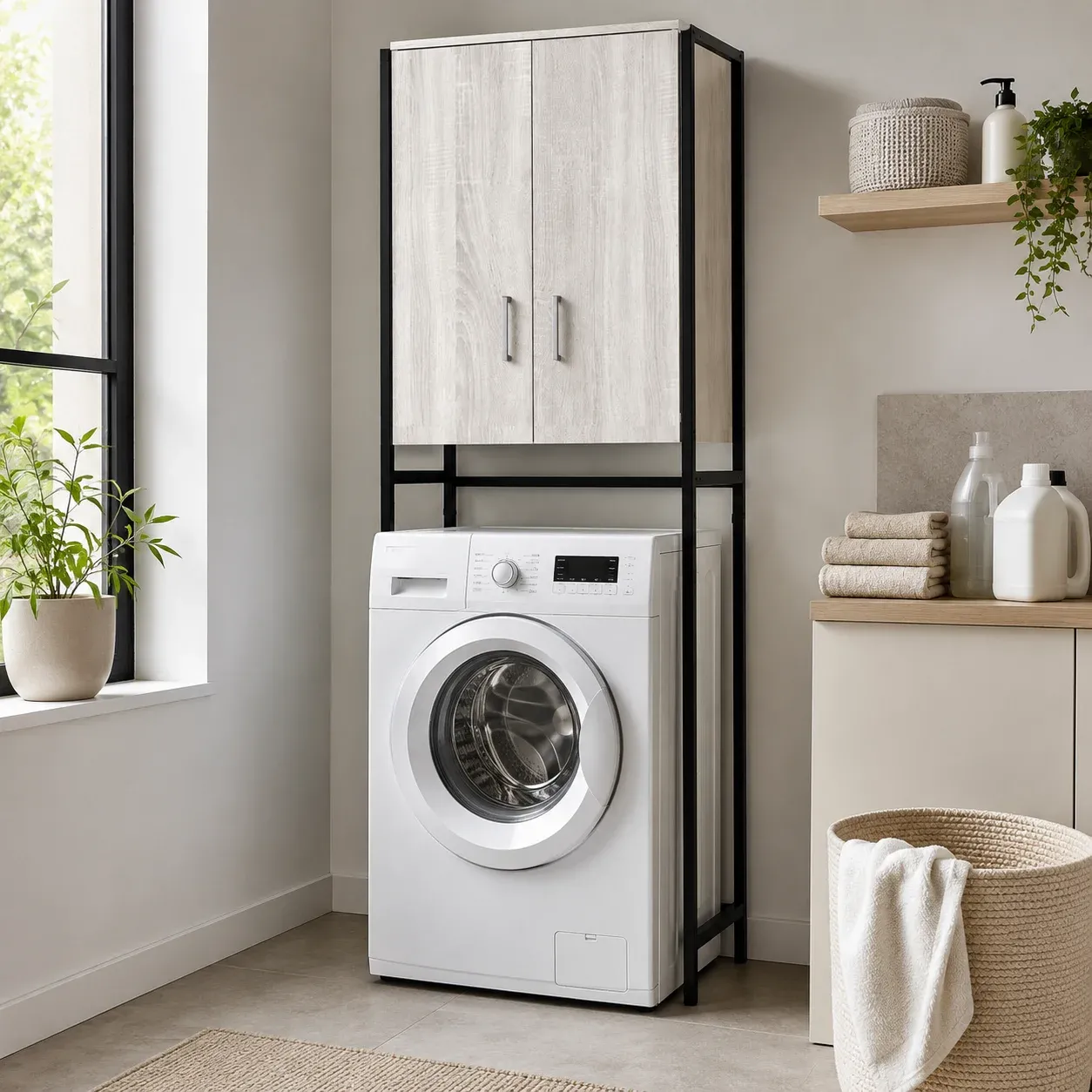 Mobile sopra lavatrice Laundry-B Tomasucci con telaio nero in lavanderia