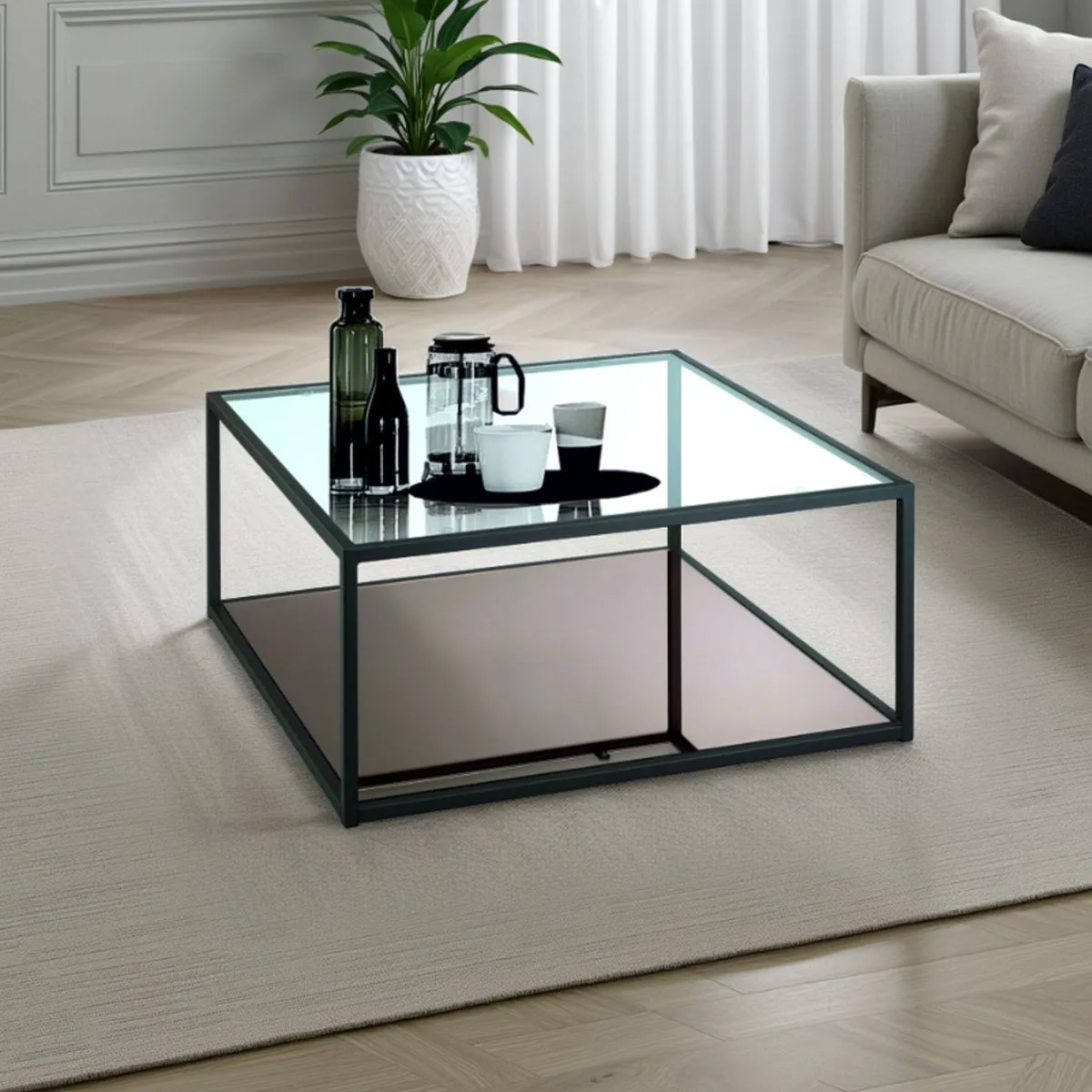 Tavolino Tati Tomasucci 80x80 con vetro e ripiano a specchio