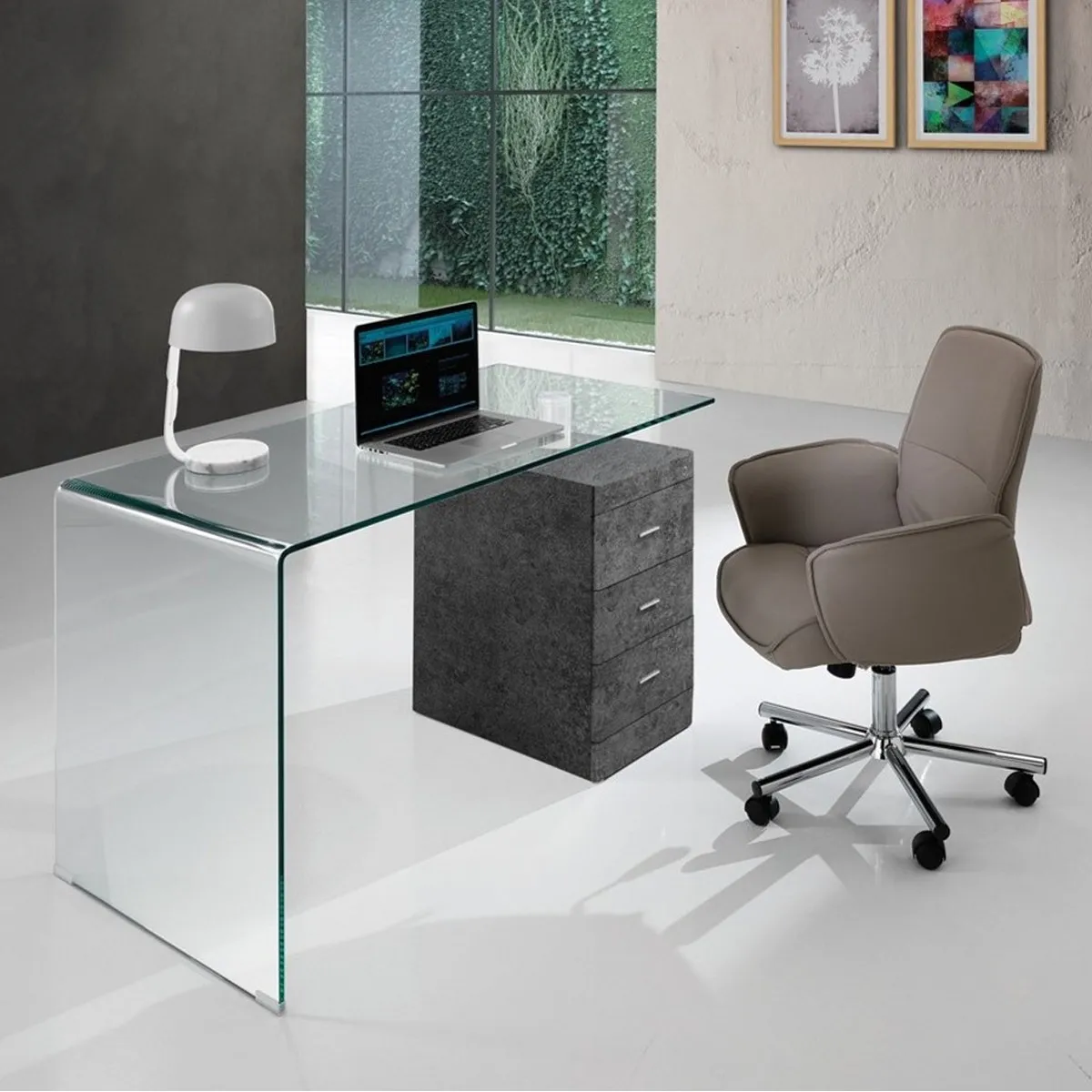 Scrivania Bow Cement Tomasucci in vetro curvato con cassettiera