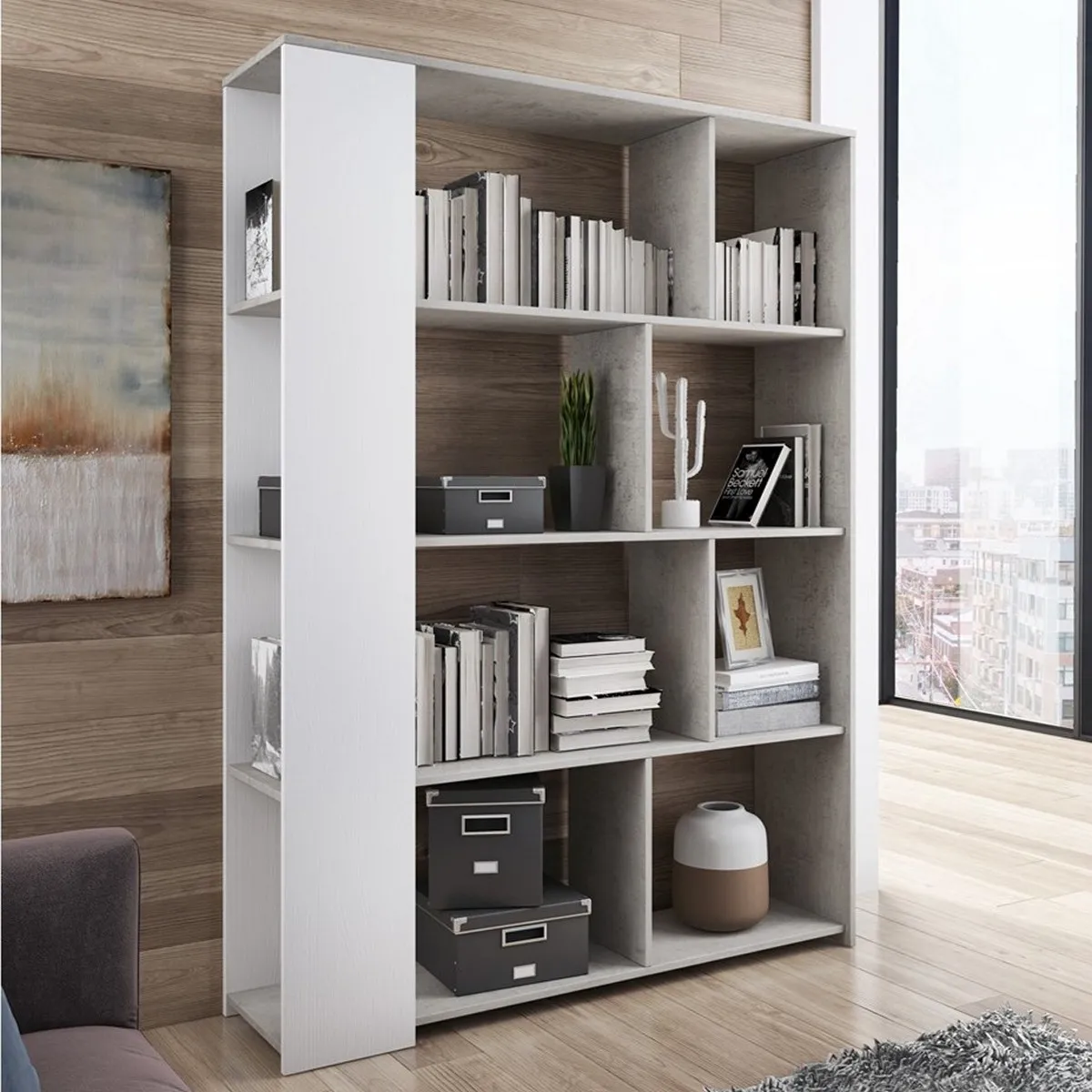 Libreria Smart Tomasucci larice bianco e cemento piena di libri