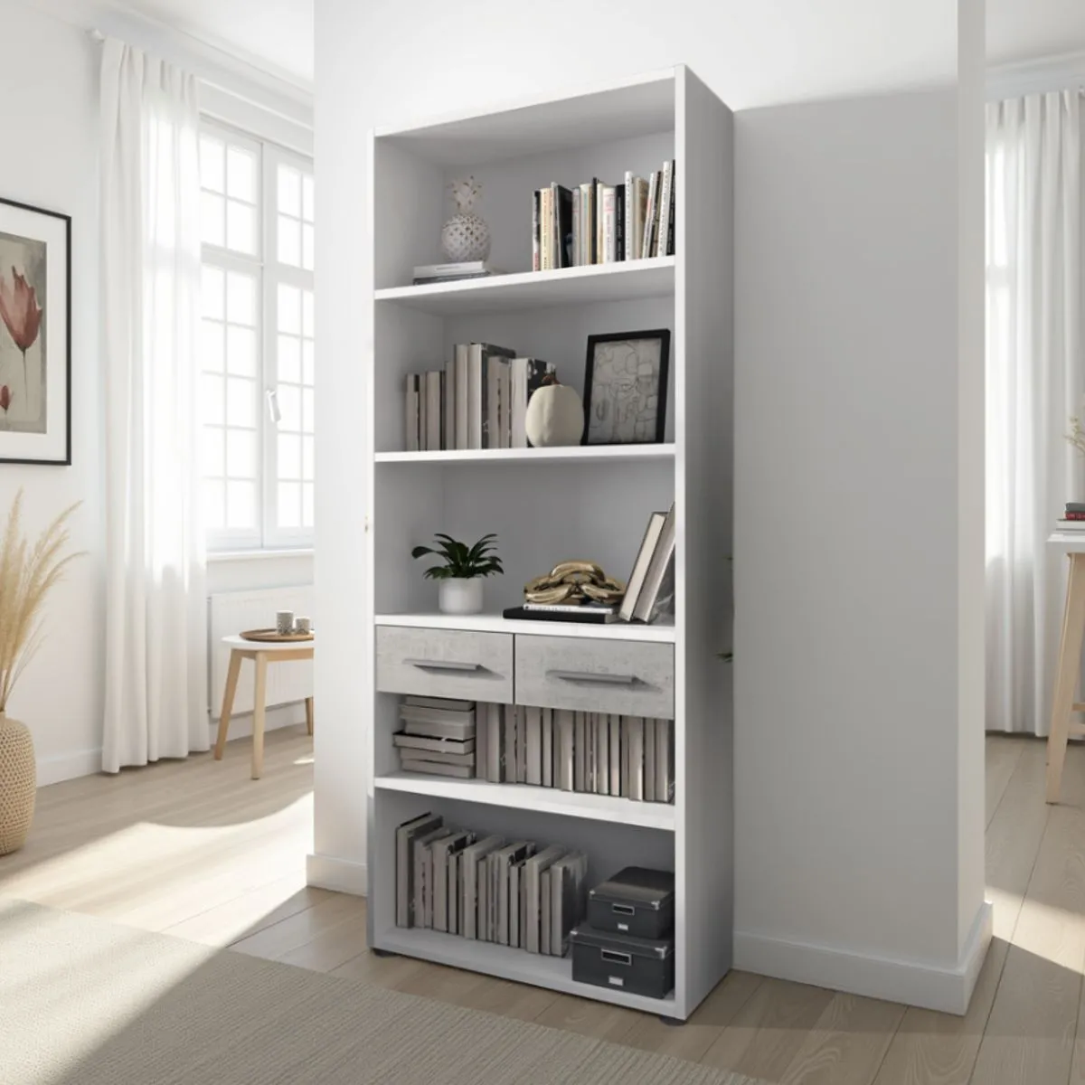Libreria Pier Big Tomasucci alta in larice bianco con cassetti