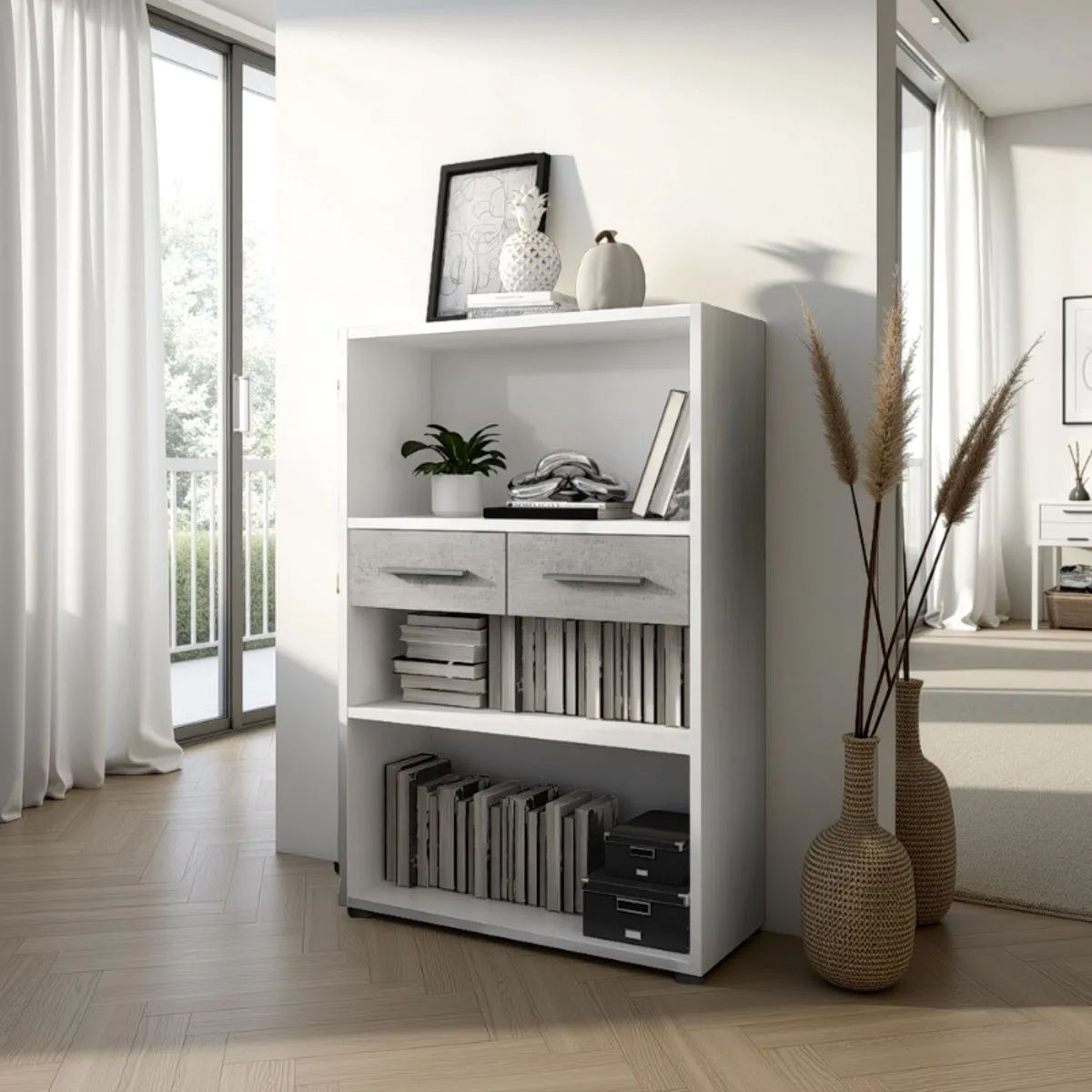 Libreria Pier Small Tomasucci bassa con cassetti cemento