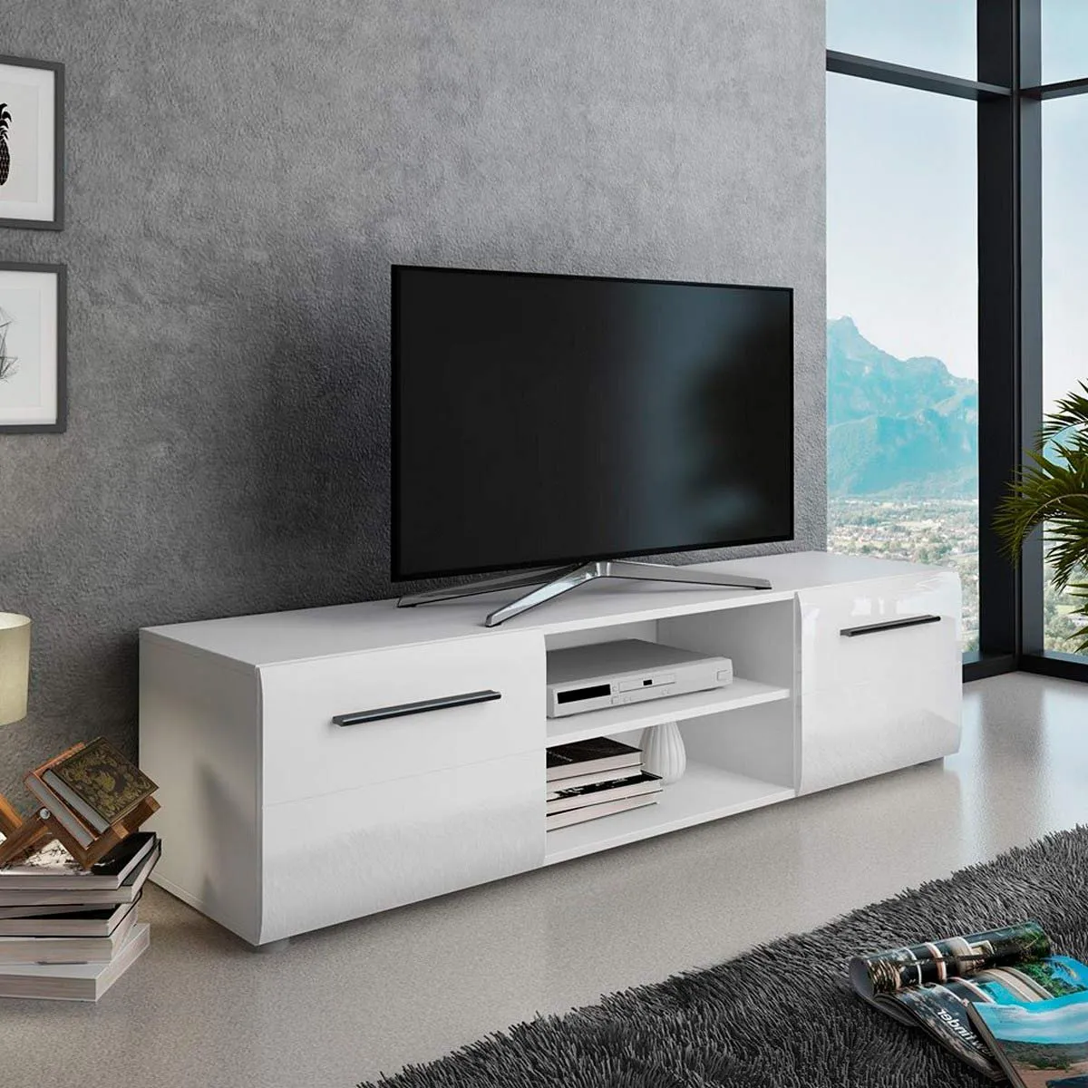 Porta TV Luky-A Tomasucci bianco con due ante lucide in soggiorno