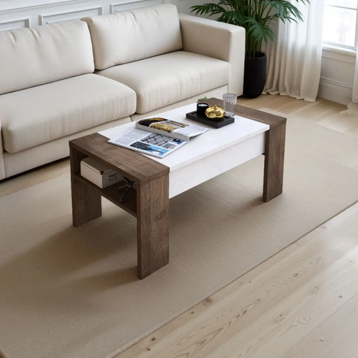 Tavolino James Silk Flow Tomasucci noce e bianco davanti al divano