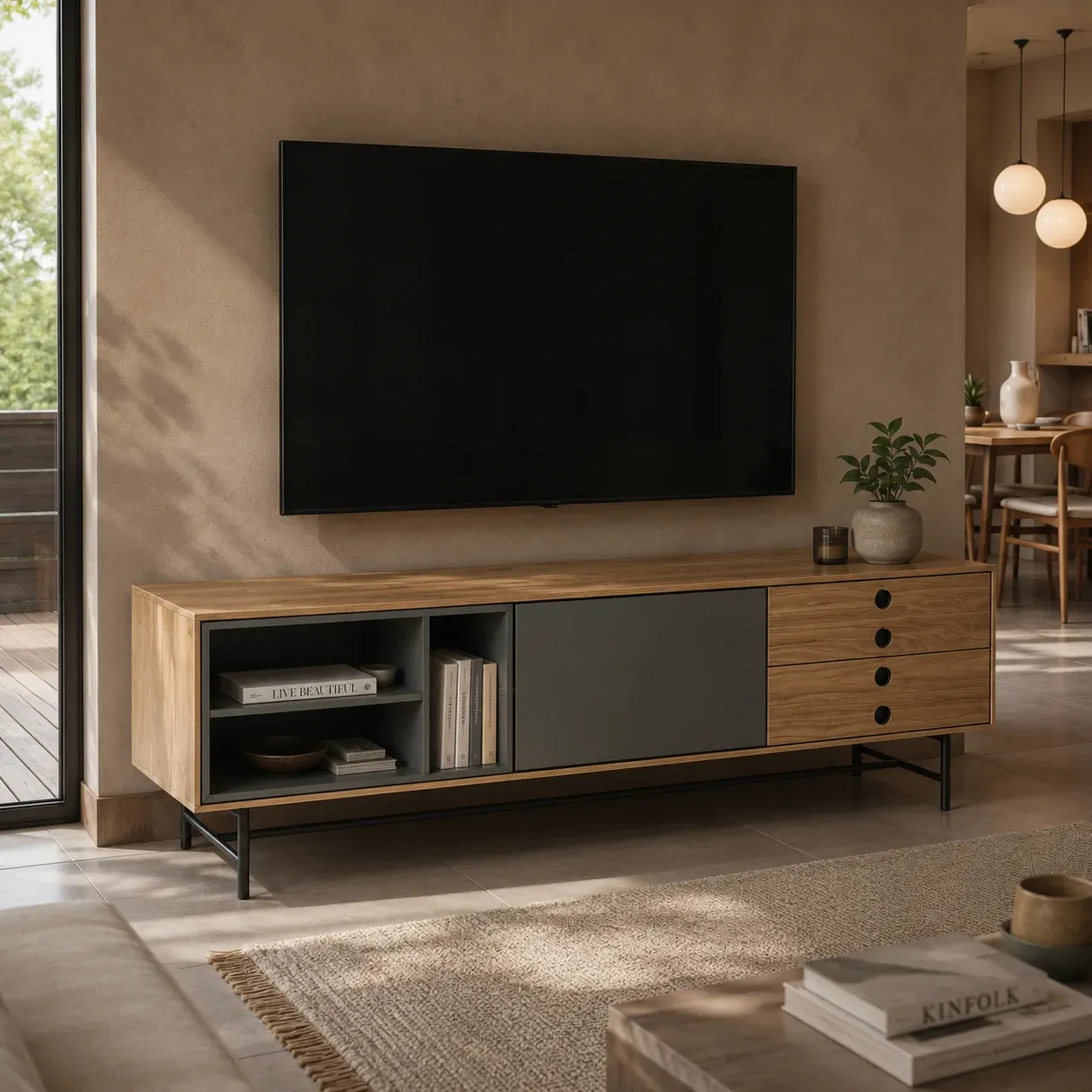Porta TV Clew Tomasucci in rovere con anta grigia sotto il televisore