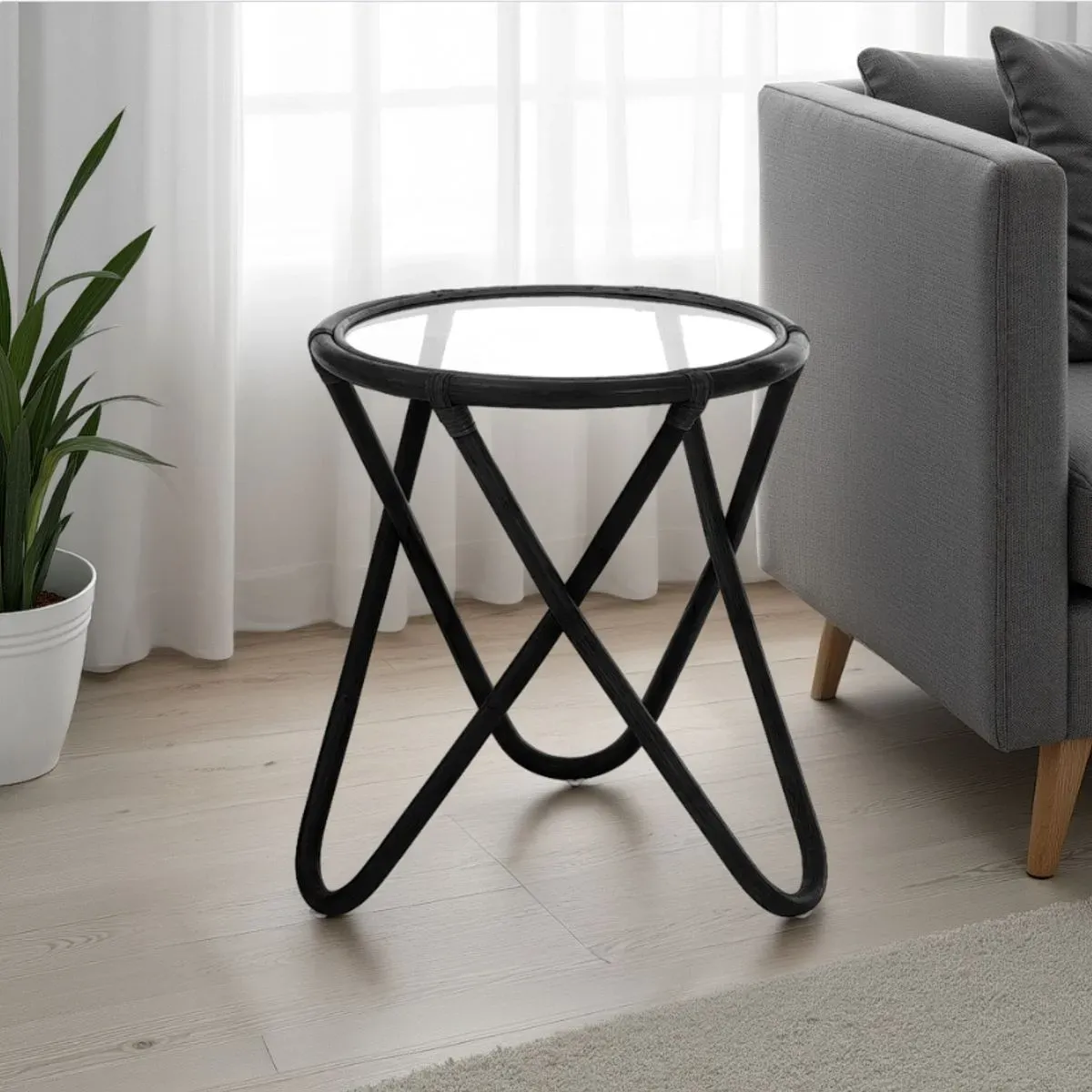 Tavolino Ken Black Tomasucci in rattan nero con piano in vetro