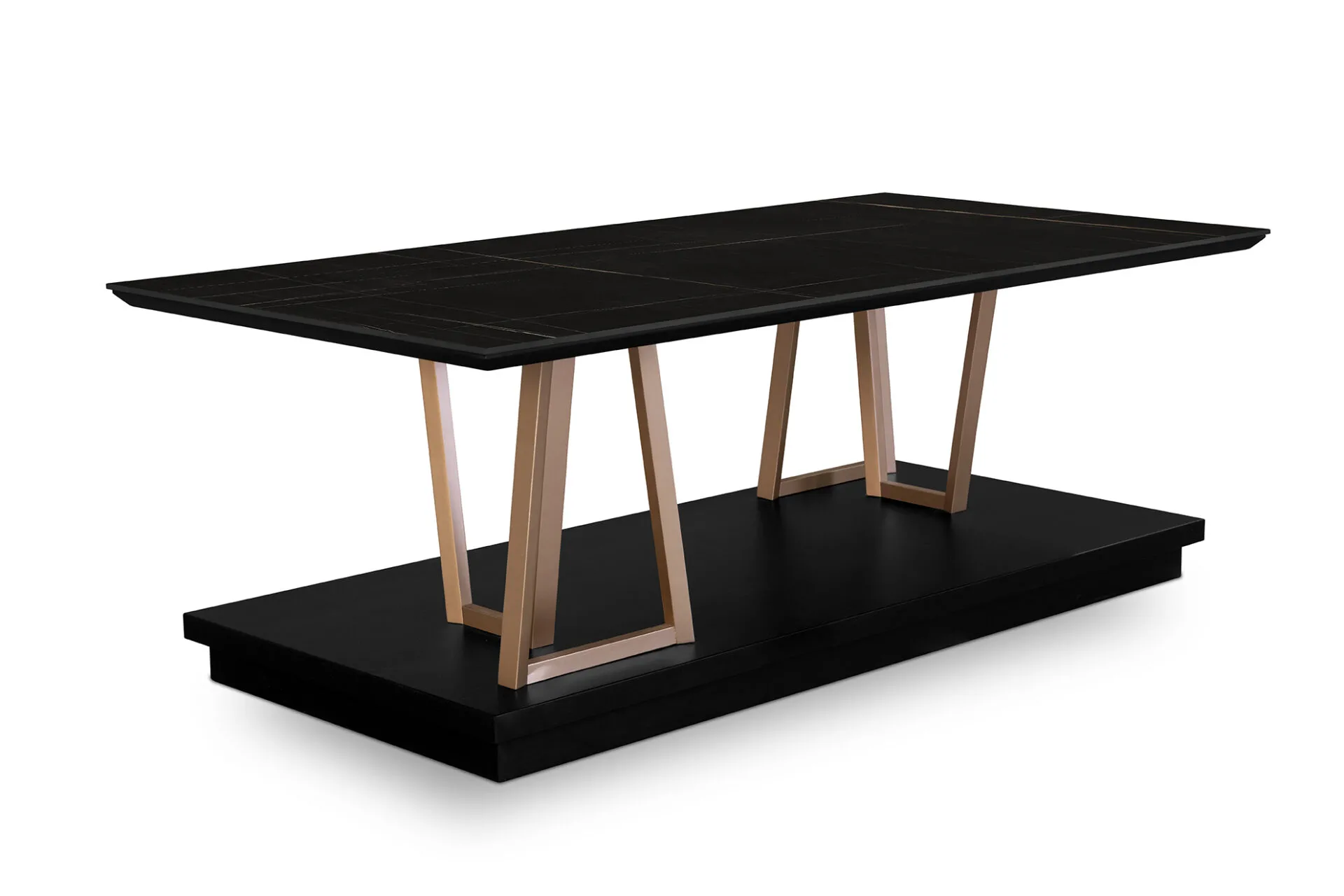 Tavolino rettangolare Tosato 22.92 con piano in gres nero e sostegni bronzo, vista di tre quarti
