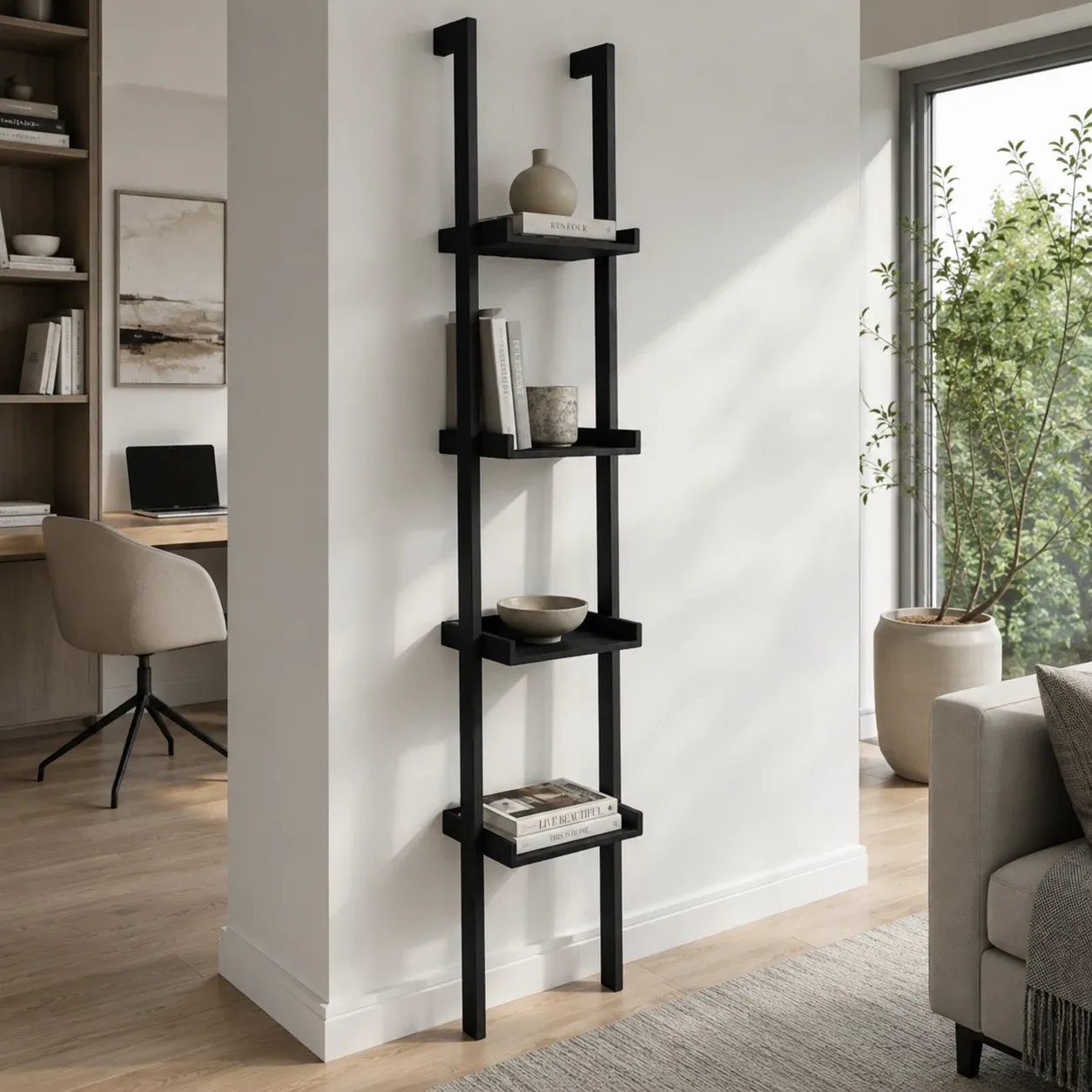 Libreria a scala Little Kross Tomasucci laccata nera appoggiata a una colonna