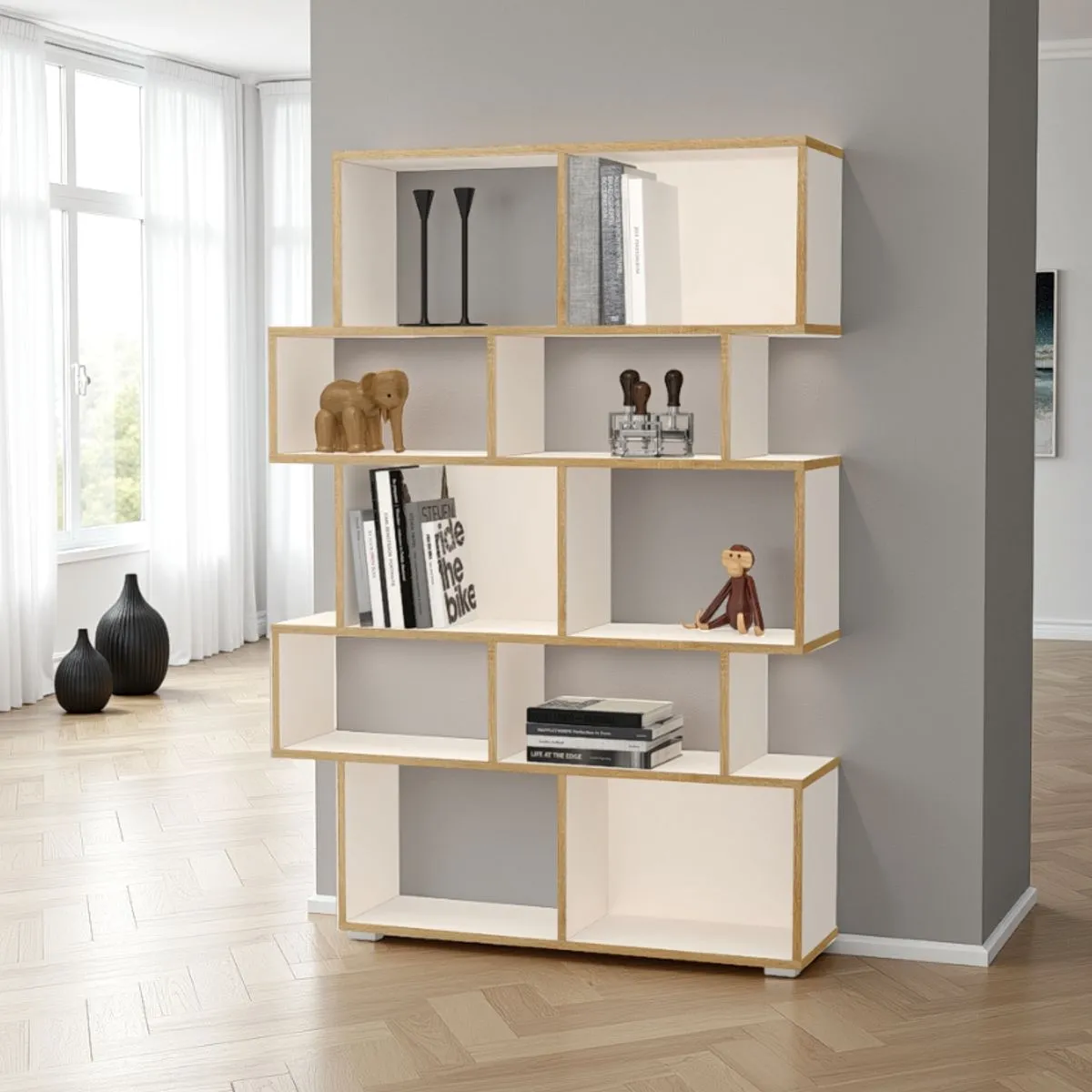Libreria Random-b Tomasucci bianca opaca con bordi in rovere