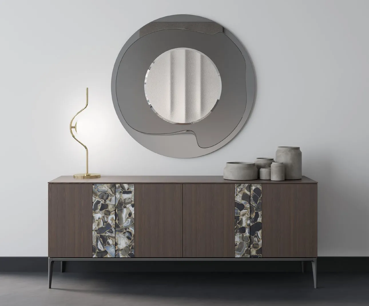 Madia Carla Zamagna Temptation con inserti in ceramica sotto uno specchio rotondo