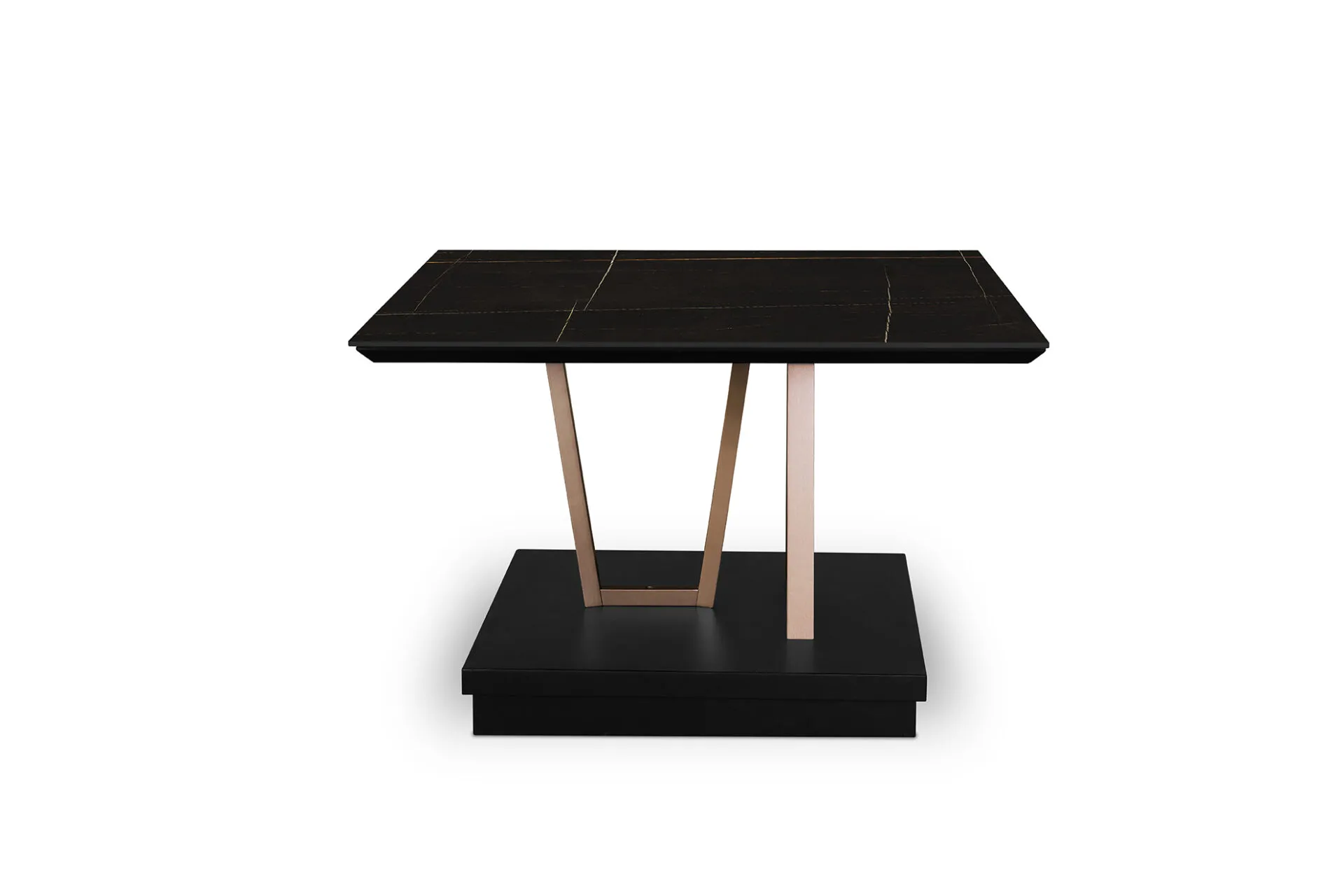 Tavolino Tosato 22.93 con piano in gres nero, vista frontale su fondo bianco