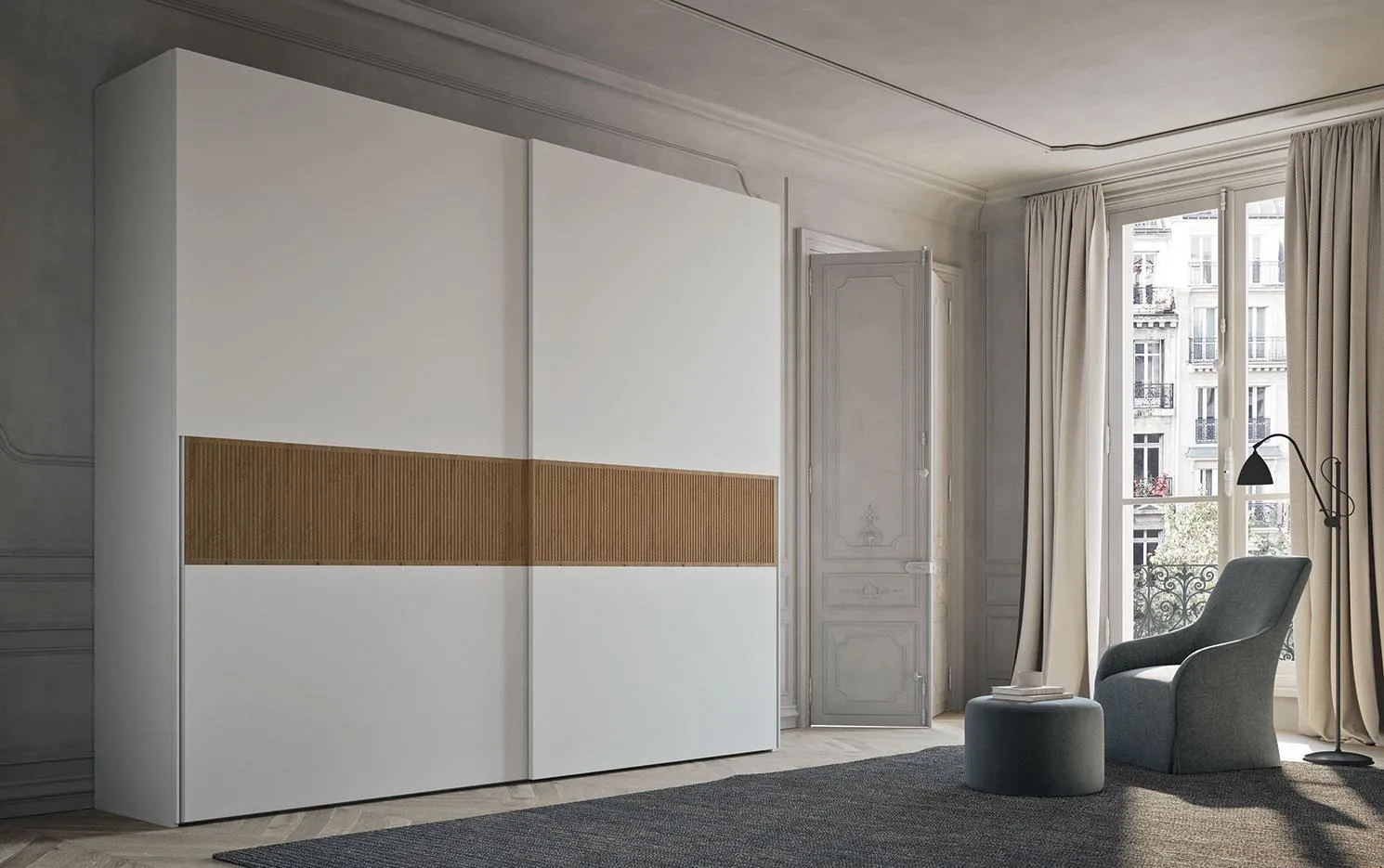 Armadio anta scorrevole 370 MobilGam con fascia a doghe in legno