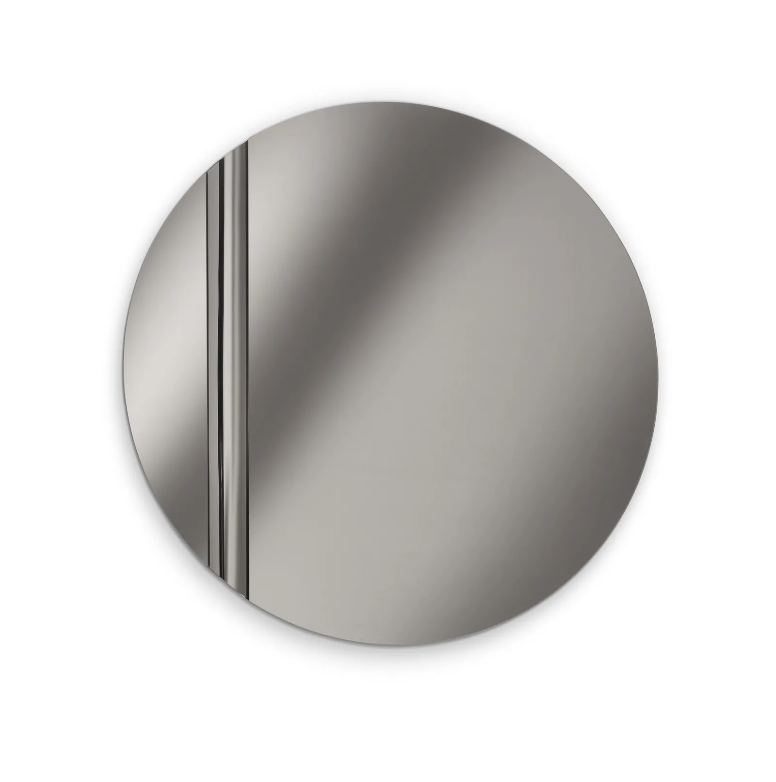 Specchio rotondo Coin Stones con vetro fumé e fascia verticale a rilievo, su fondo bianco