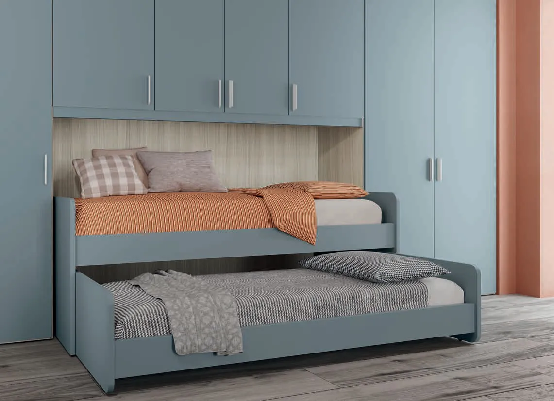 Cameretta Volo Colombini con armadio a ponte azzurro e letto con secondo letto estraibile